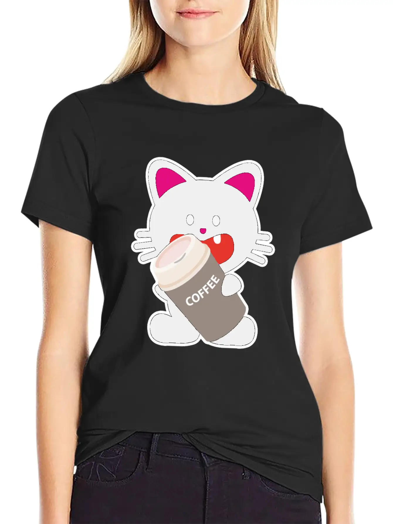 One Tooth Black Cat With Coffee To Take Out Breathable Graphic T-Shirt – Perfect For Casual Days
