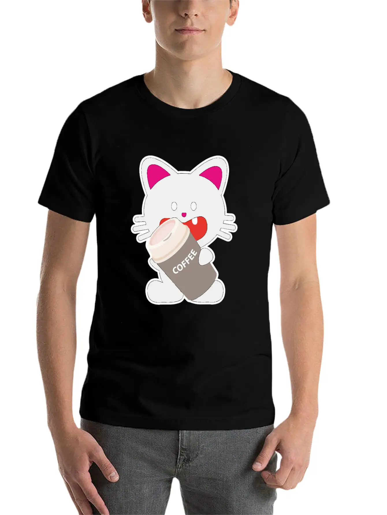 One Tooth Black Cat With Coffee To Take Out Breathable Graphic T-Shirt – Perfect For Casual Days