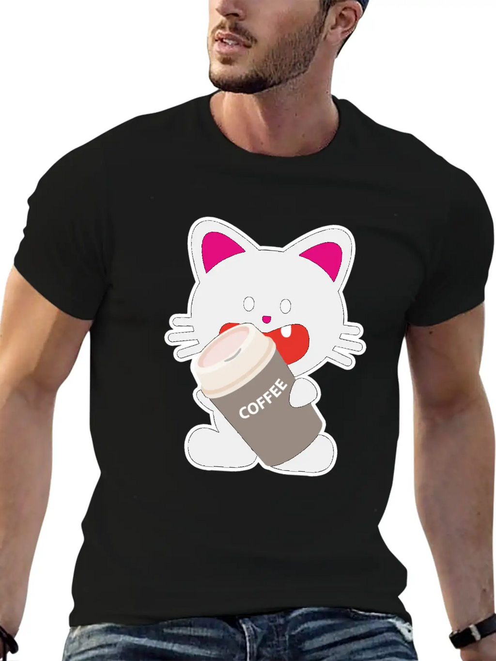One Tooth Black Cat With Coffee To Take Out Breathable Graphic T-Shirt – Perfect For Casual Days