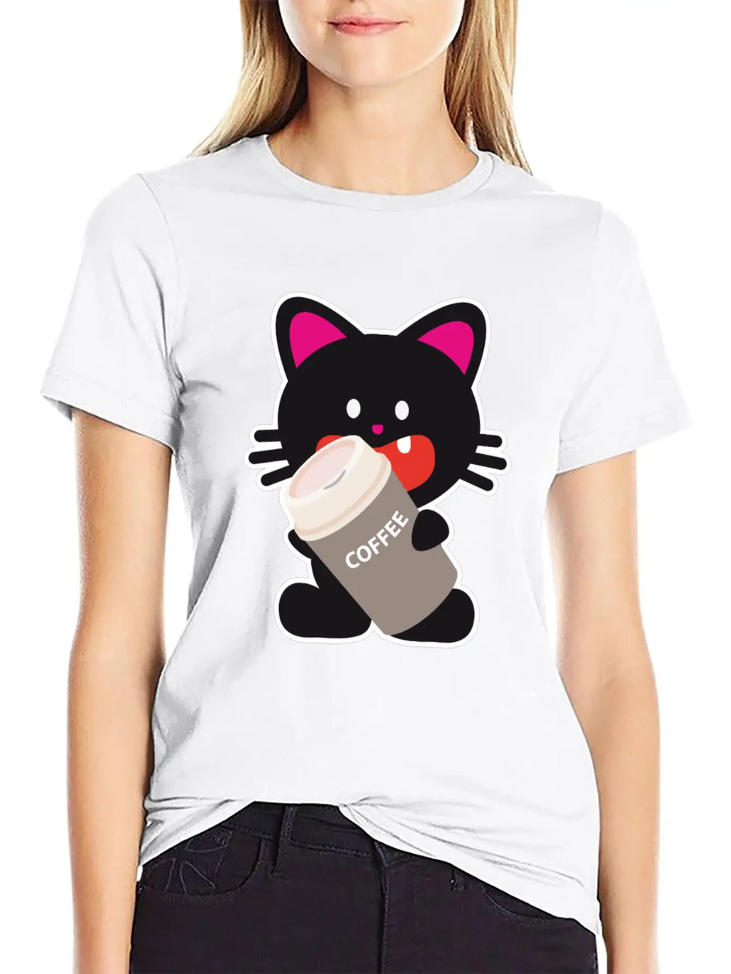 One Tooth Black Cat With Coffee To Take Out Breathable Graphic T-Shirt – Perfect For Casual Days