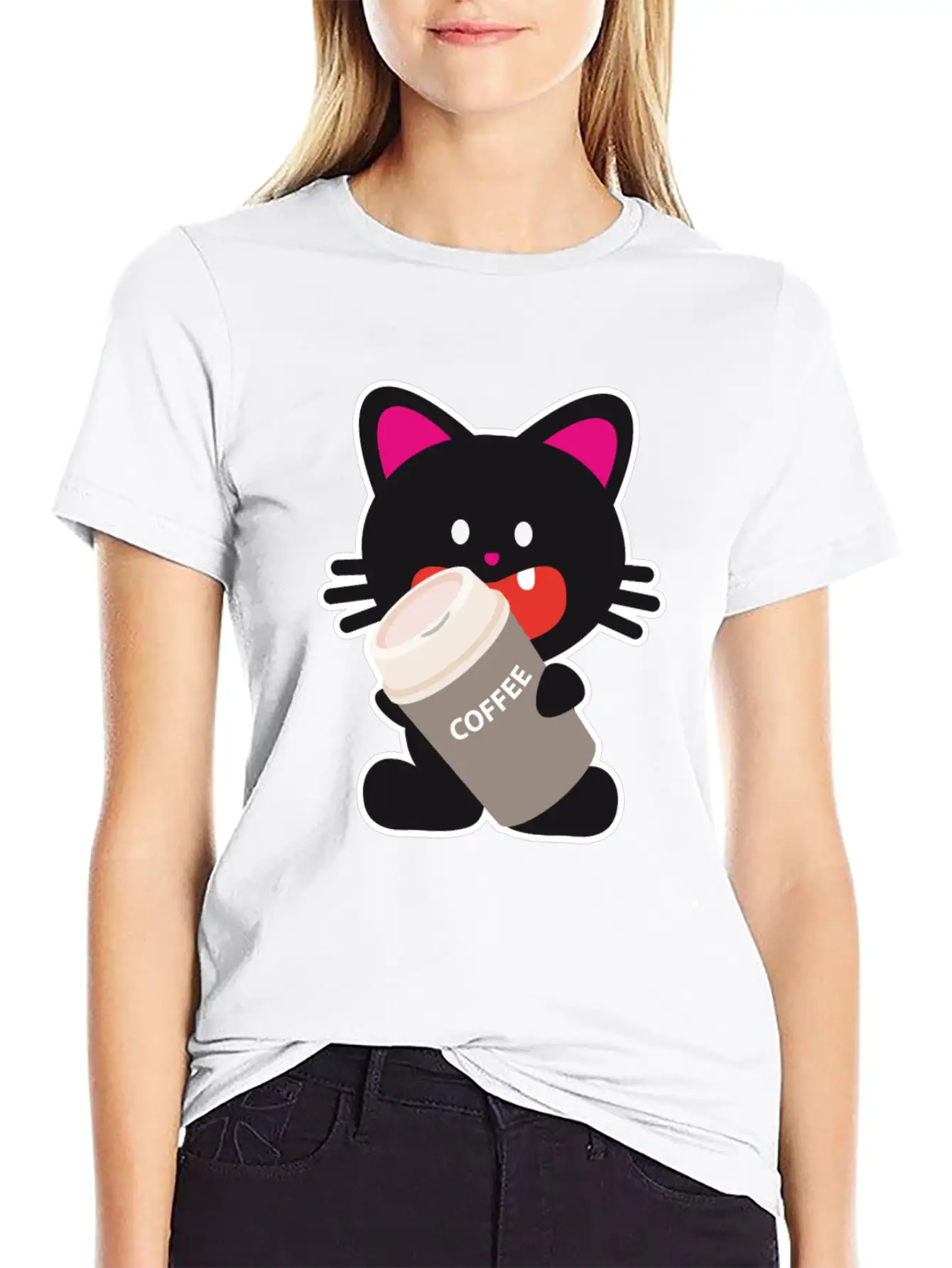One Tooth Black Cat With Coffee To Take Out Breathable Graphic T-Shirt – Perfect For Casual Days