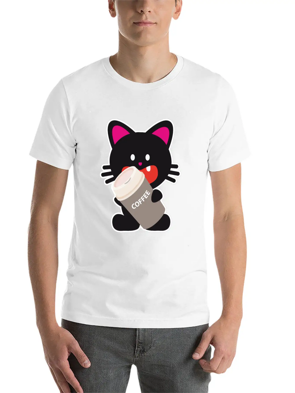 One Tooth Black Cat With Coffee To Take Out Breathable Graphic T-Shirt – Perfect For Casual Days