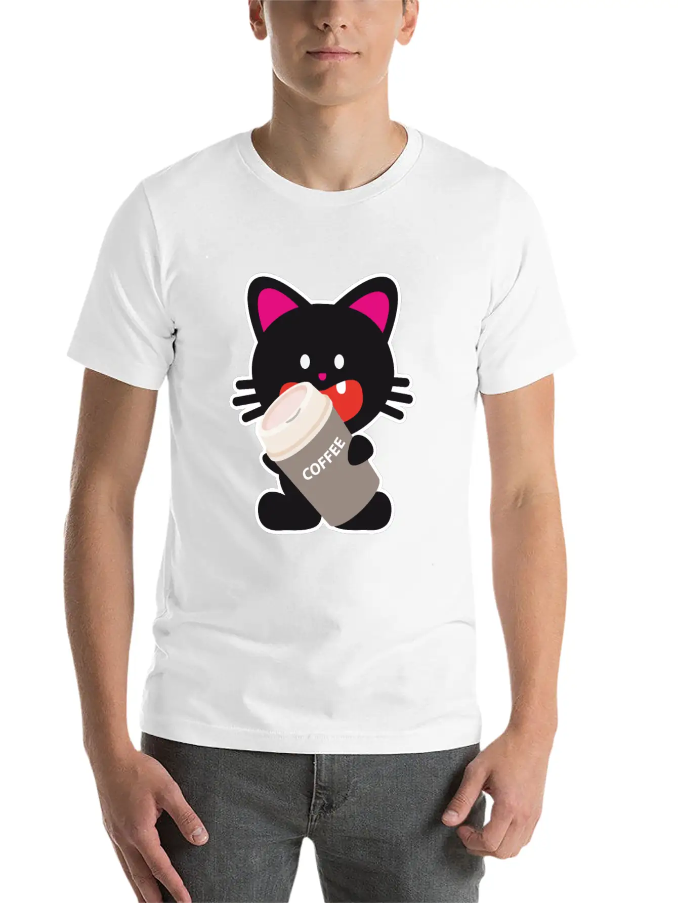 One Tooth Black Cat With Coffee To Take Out Breathable Graphic T-Shirt – Perfect For Casual Days