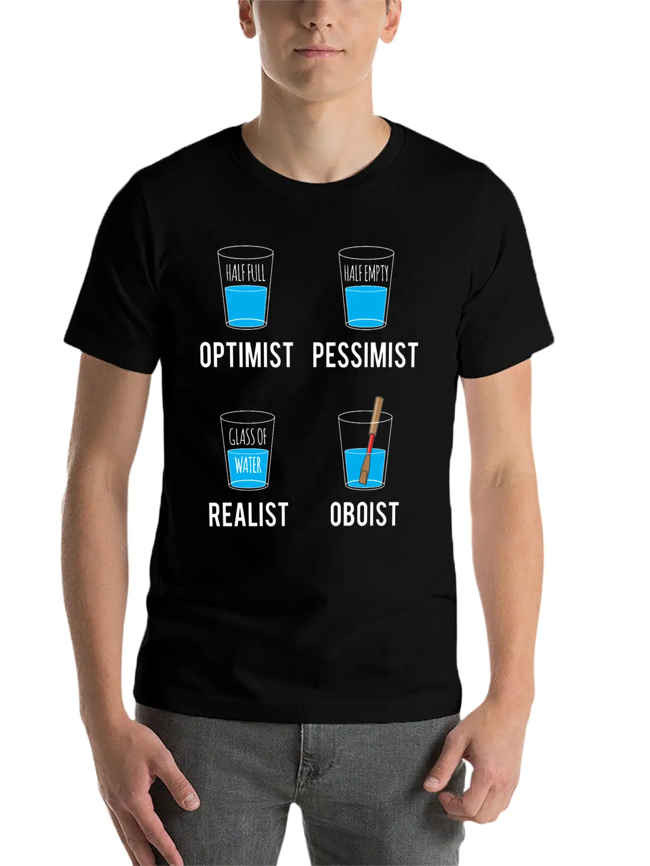 Optimist Pessimist Realist Oboist Musician Gift Stylish Everyday T-Shirt – Unisex Basic Cotton Tee