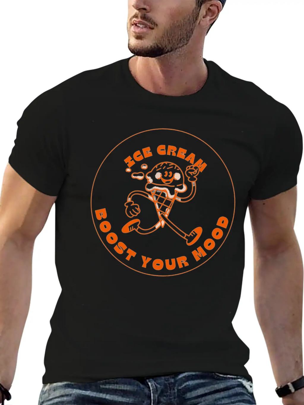 Orange And Beige Simple Modern Retro Ice Cream Stylish Everyday T-Shirt – Unisex Basic Cotton Tee