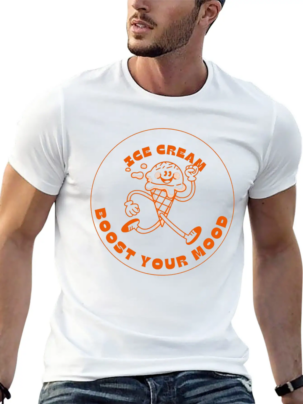 Orange And Beige Simple Modern Retro Ice Cream Stylish Everyday T-Shirt – Unisex Basic Cotton Tee