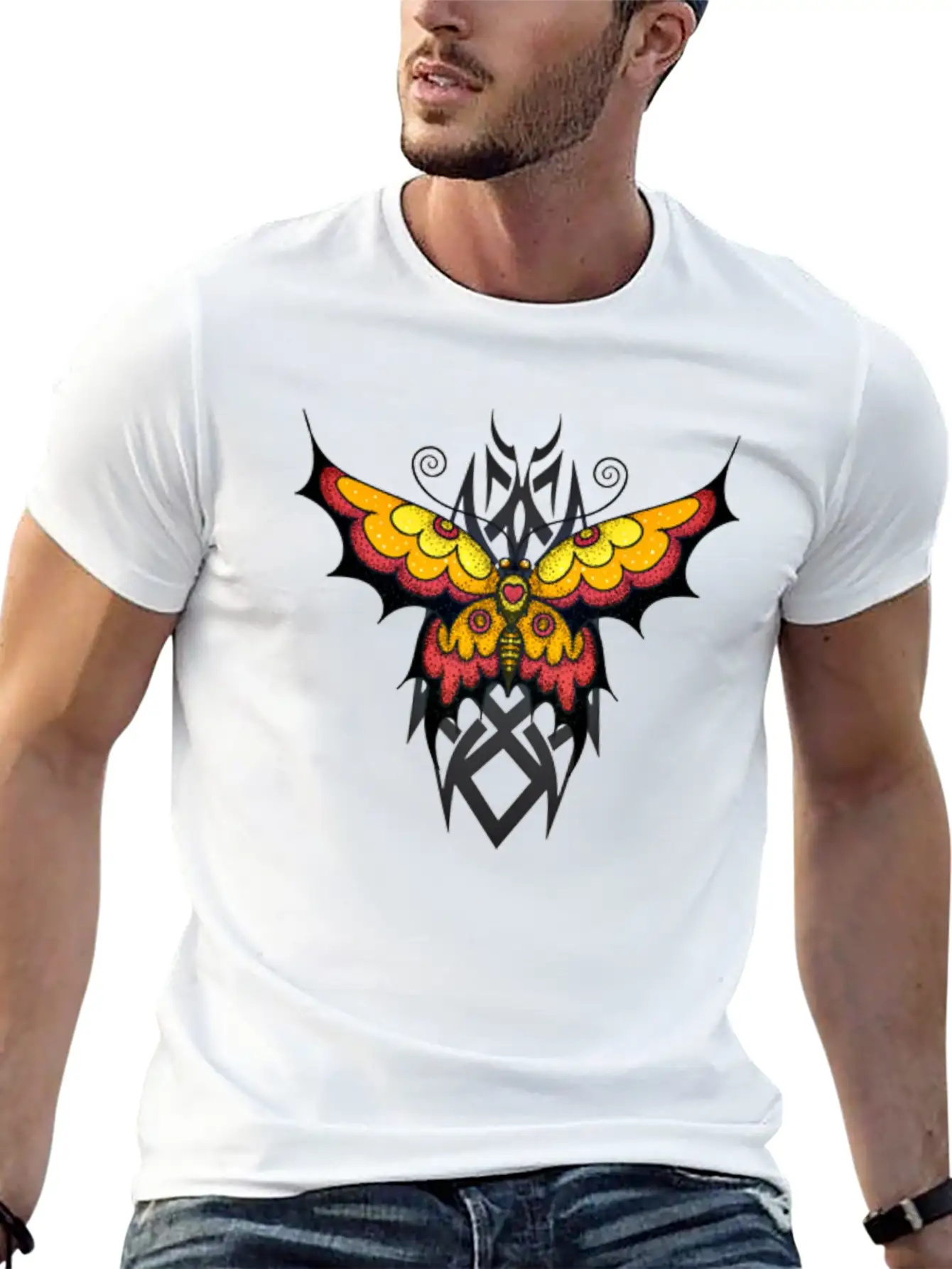 Orange Tribal Butterfly Breathable Graphic T-Shirt – Perfect For Casual Days