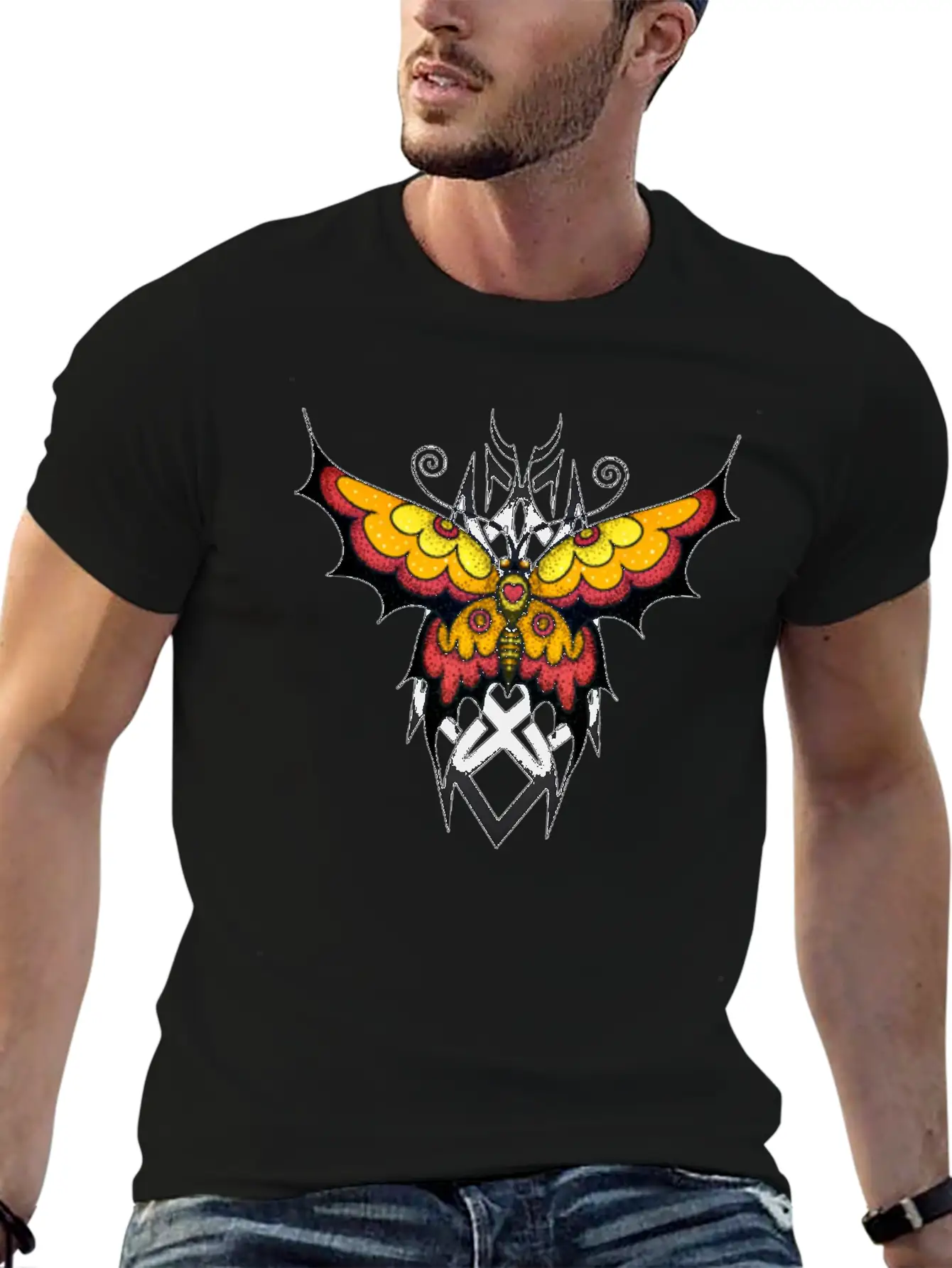 Orange Tribal Butterfly Breathable Graphic T-Shirt – Perfect For Casual Days