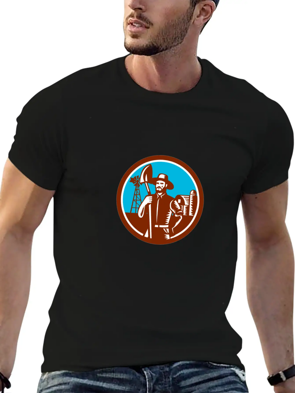 Organic Farmer Shovel Windmill Woodcut Retro Essential Cotton Tee For Daily Outfits – Unisex Style