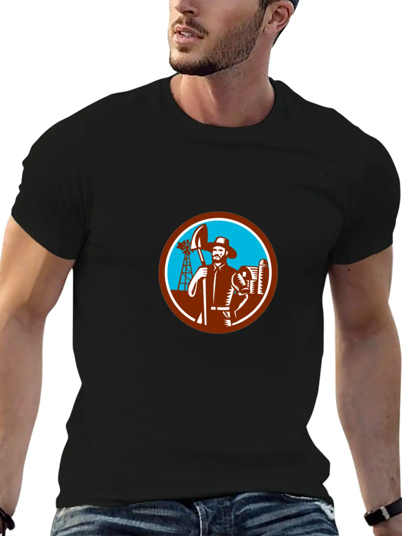 Organic Farmer Shovel Windmill Woodcut Retro Essential Cotton Tee For Daily Outfits – Unisex Style
