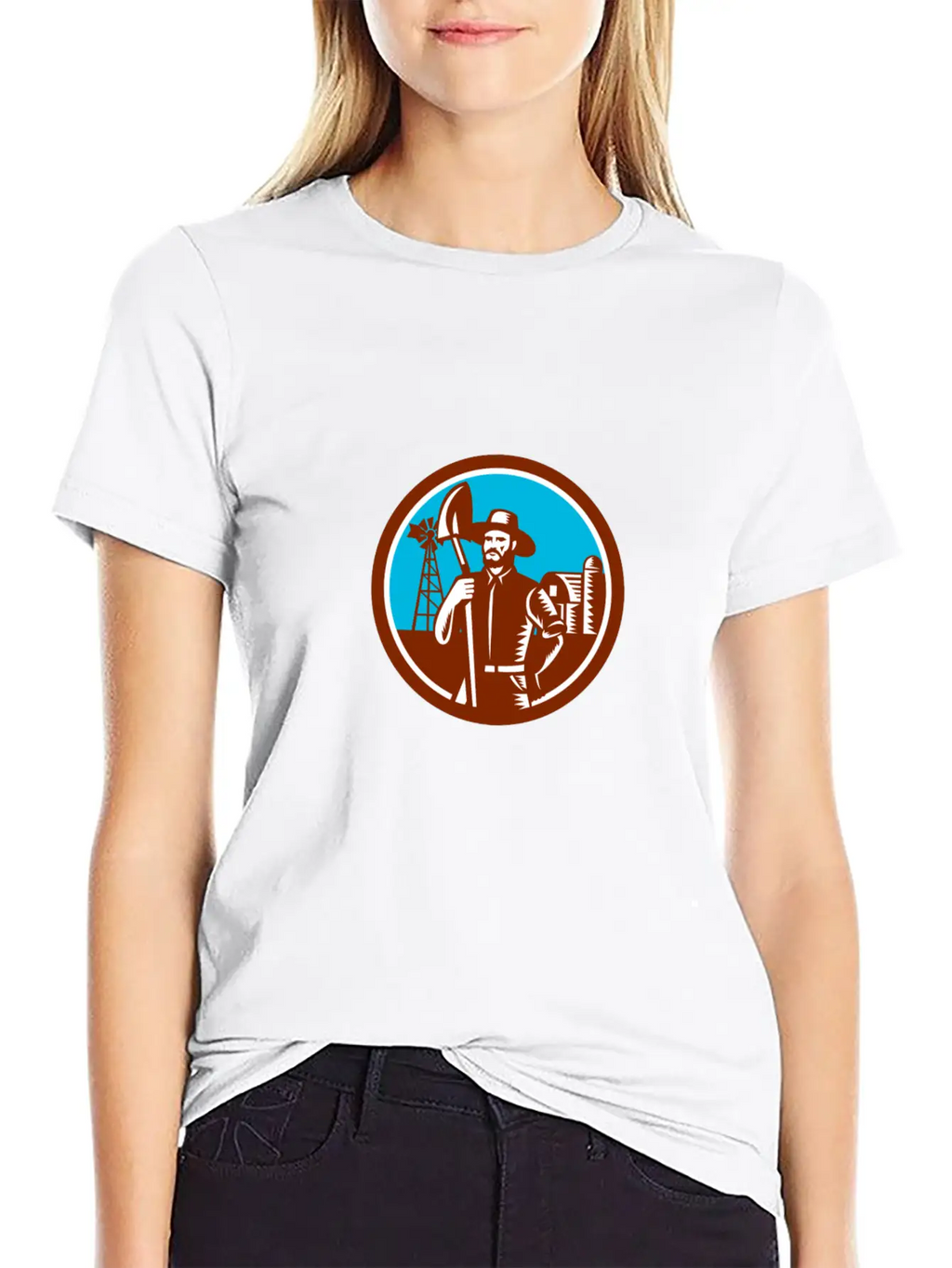 Organic Farmer Shovel Windmill Woodcut Retro Essential Cotton Tee For Daily Outfits – Unisex Style