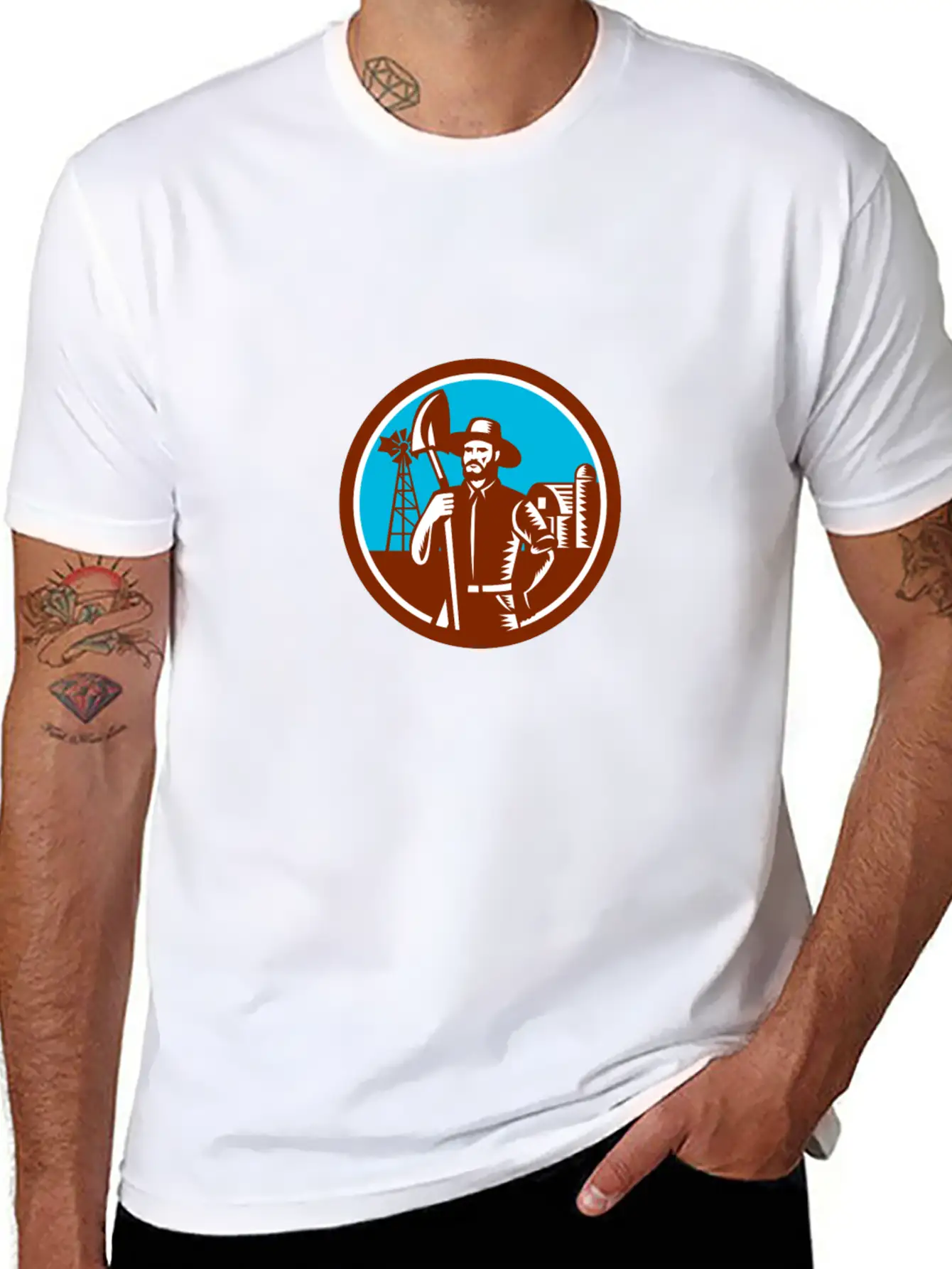 Organic Farmer Shovel Windmill Woodcut Retro Essential Cotton Tee For Daily Outfits – Unisex Style