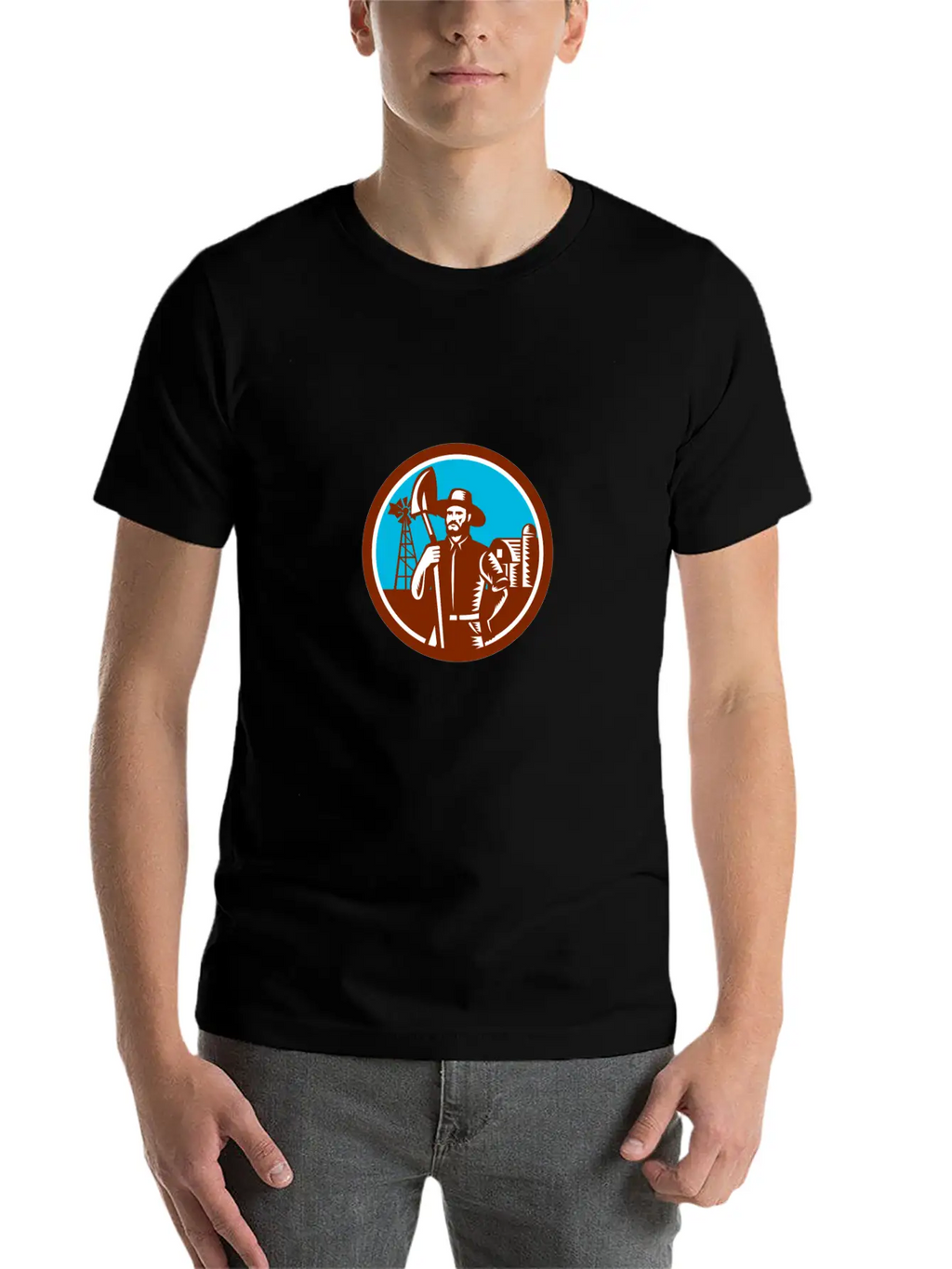 Organic Farmer Shovel Windmill Woodcut Retro Essential Cotton Tee For Daily Outfits – Unisex Style