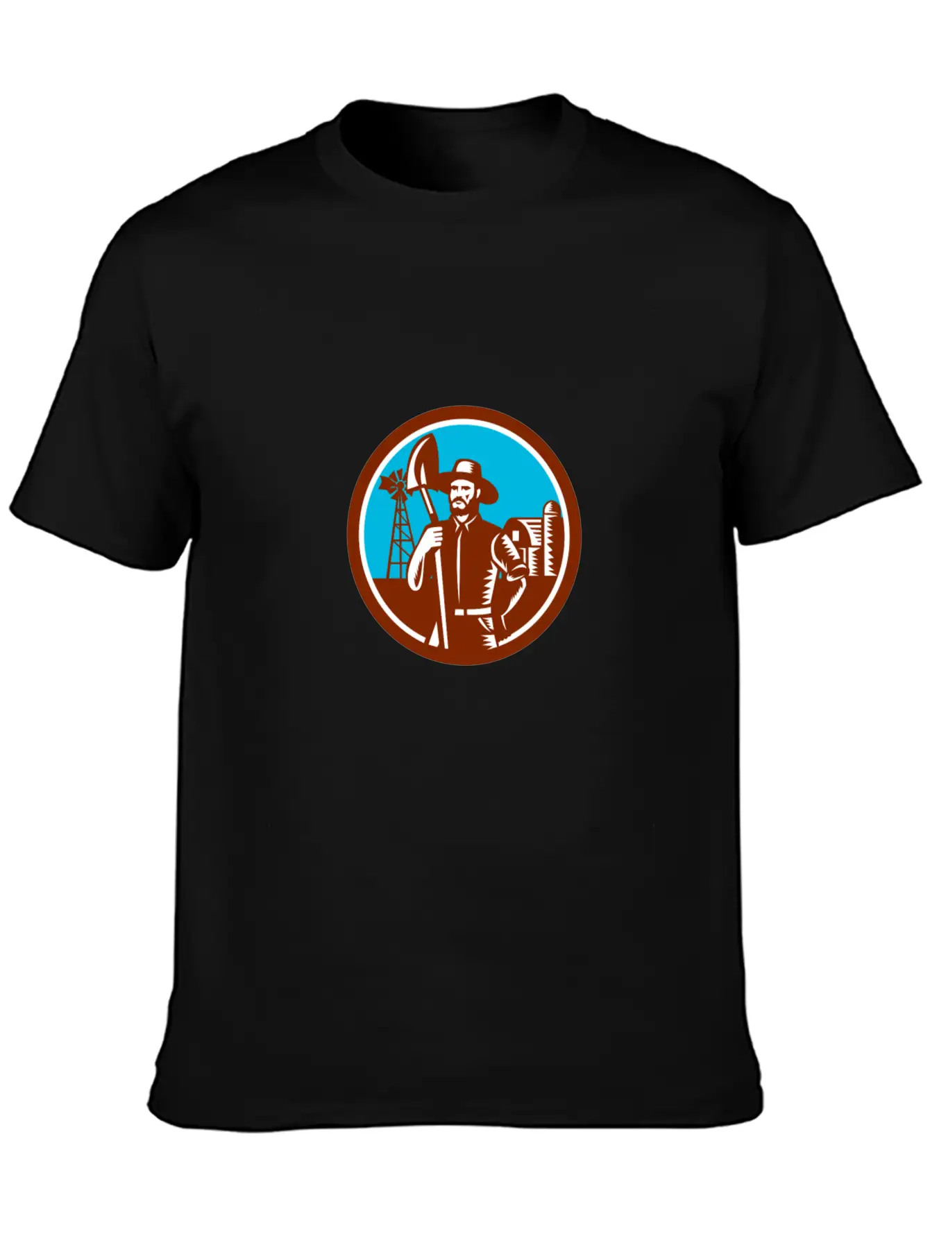 Organic Farmer Shovel Windmill Woodcut Retro Essential Cotton Tee For Daily Outfits – Unisex Style