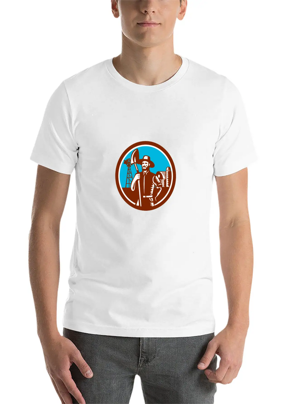 Organic Farmer Shovel Windmill Woodcut Retro Essential Cotton Tee For Daily Outfits – Unisex Style