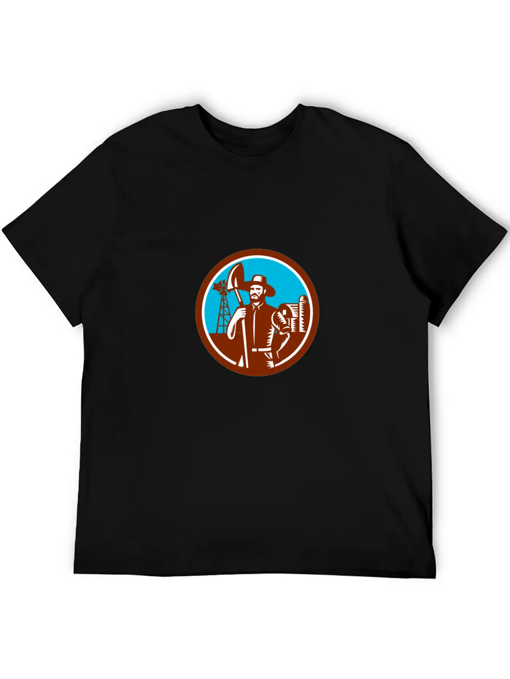 Organic Farmer Shovel Windmill Woodcut Retro Essential Cotton Tee For Daily Outfits – Unisex Style