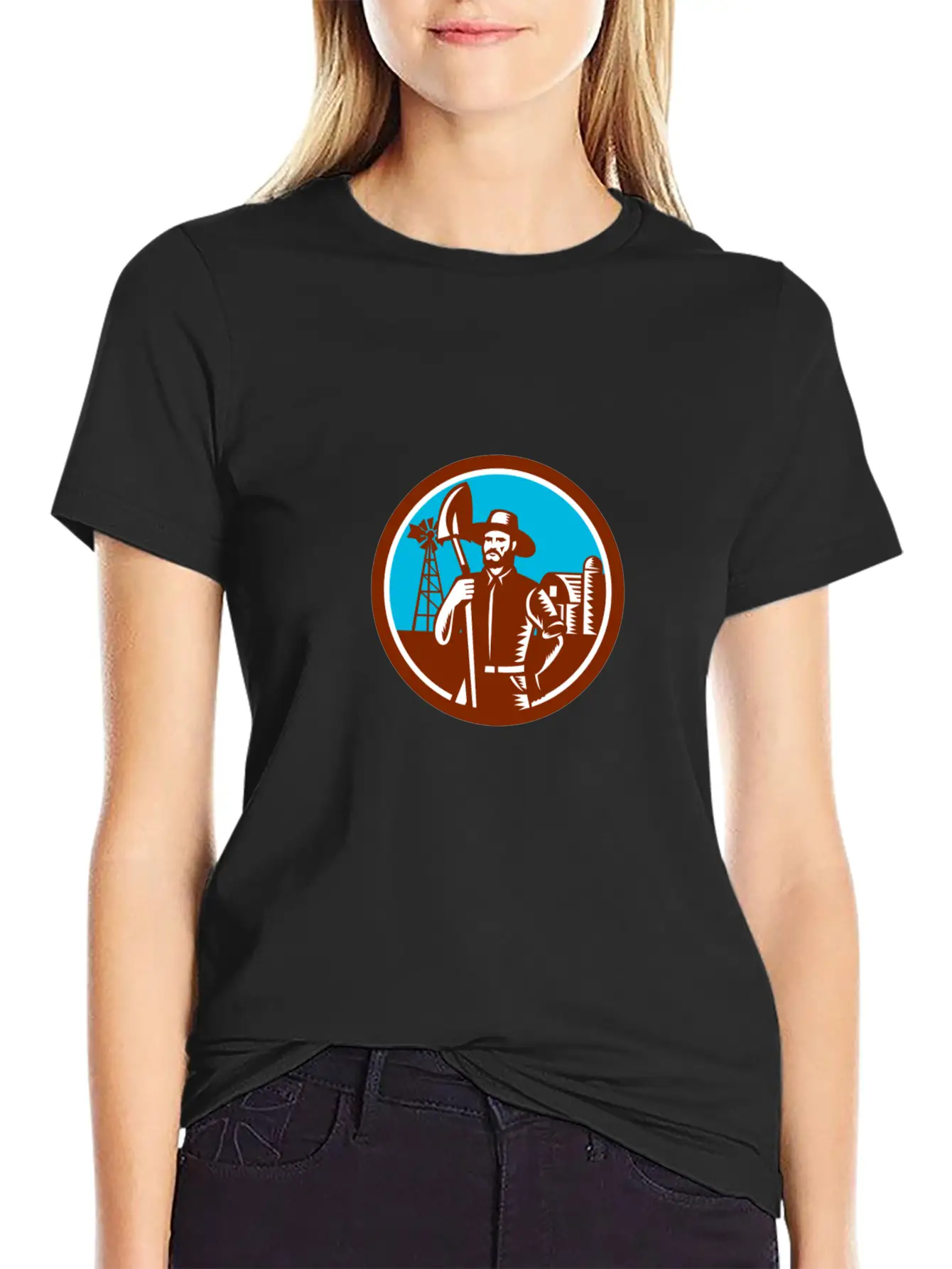 Organic Farmer Shovel Windmill Woodcut Retro Essential Cotton Tee For Daily Outfits – Unisex Style