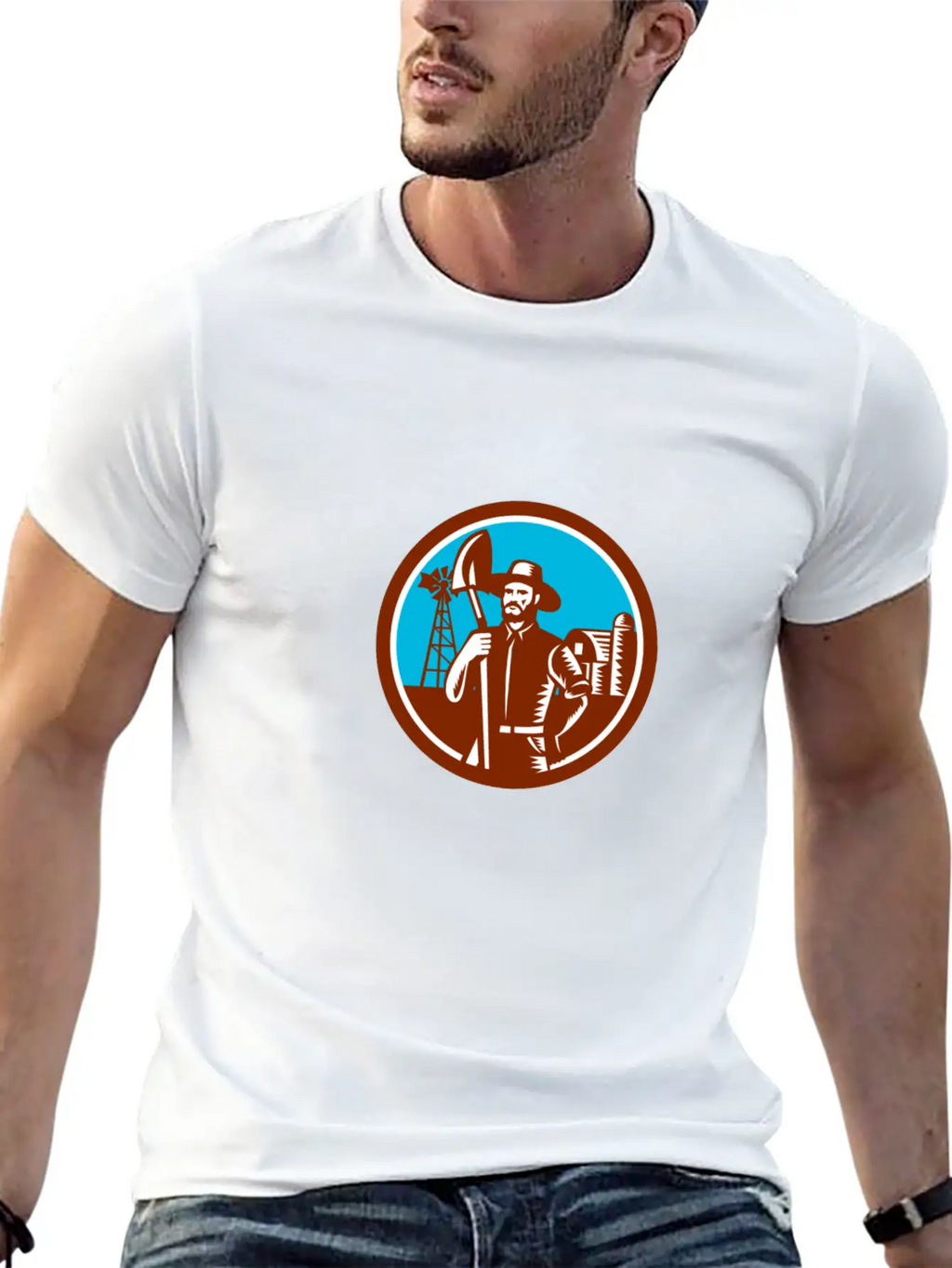 Organic Farmer Shovel Windmill Woodcut Retro Essential Cotton Tee For Daily Outfits – Unisex Style
