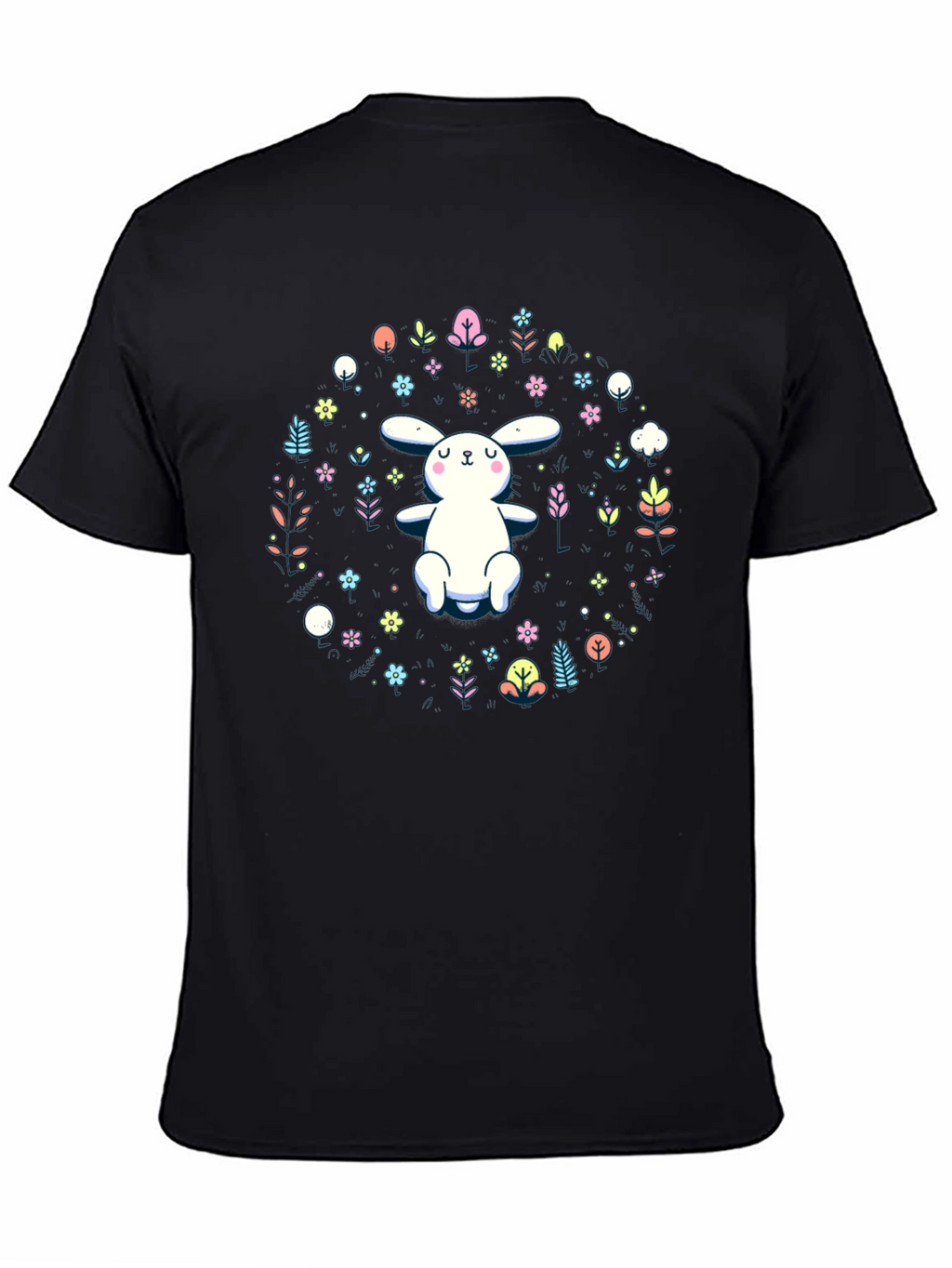 Cute Bunny & Floral Print Black T-Shirt