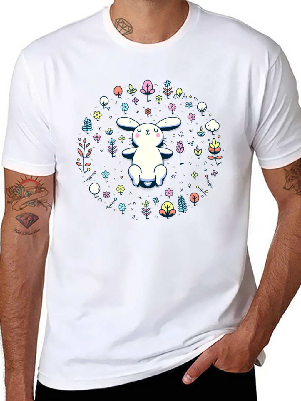 Cute Bunny & Floral Print Black T-Shirt
