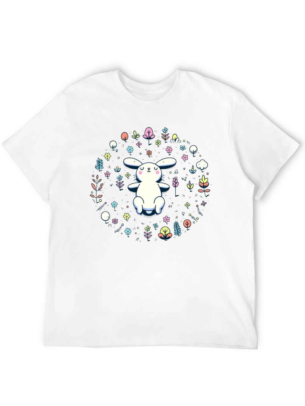 Cute Bunny & Floral Print Black T-Shirt