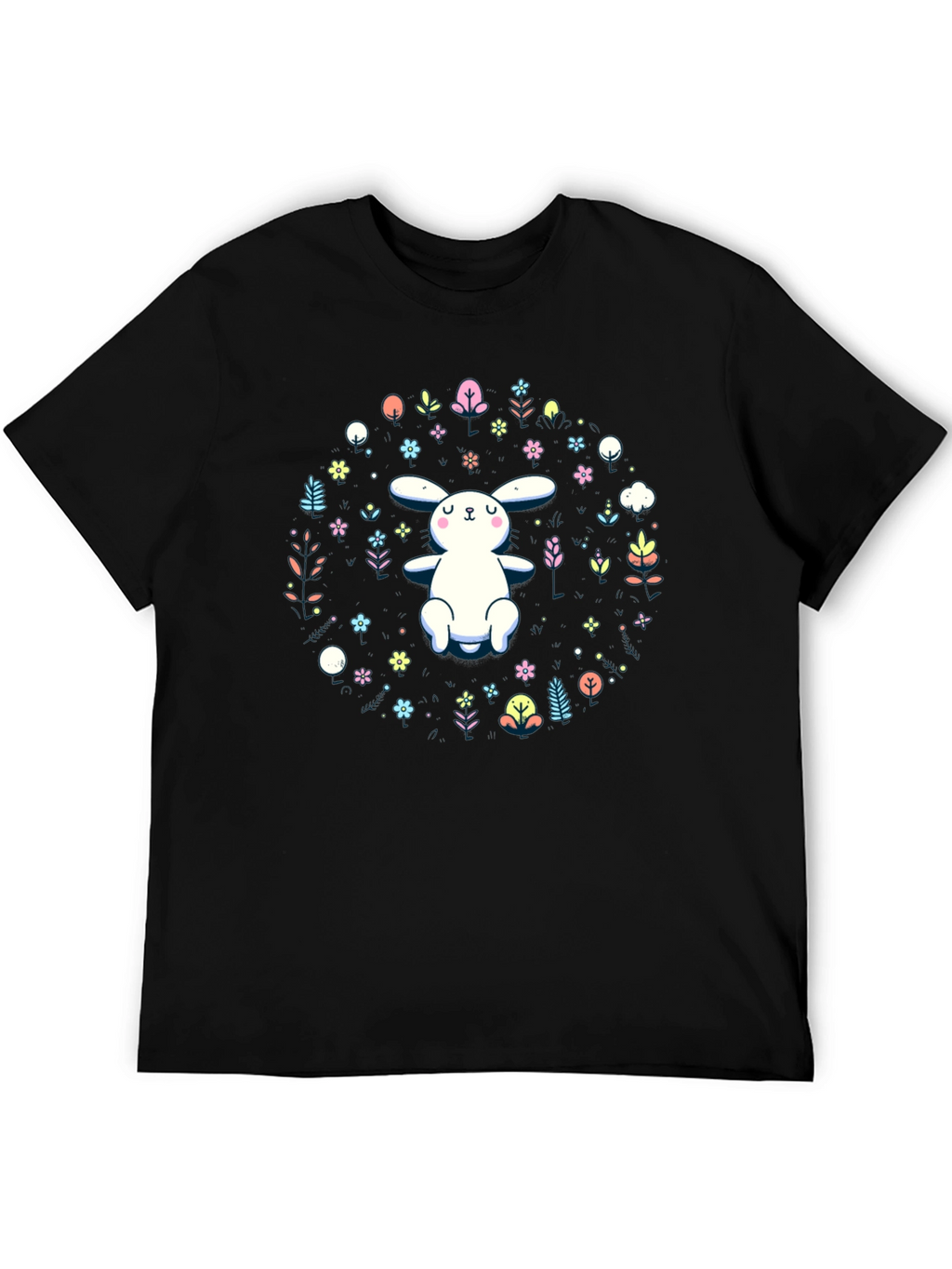 Cute Bunny & Floral Print Black T-Shirt