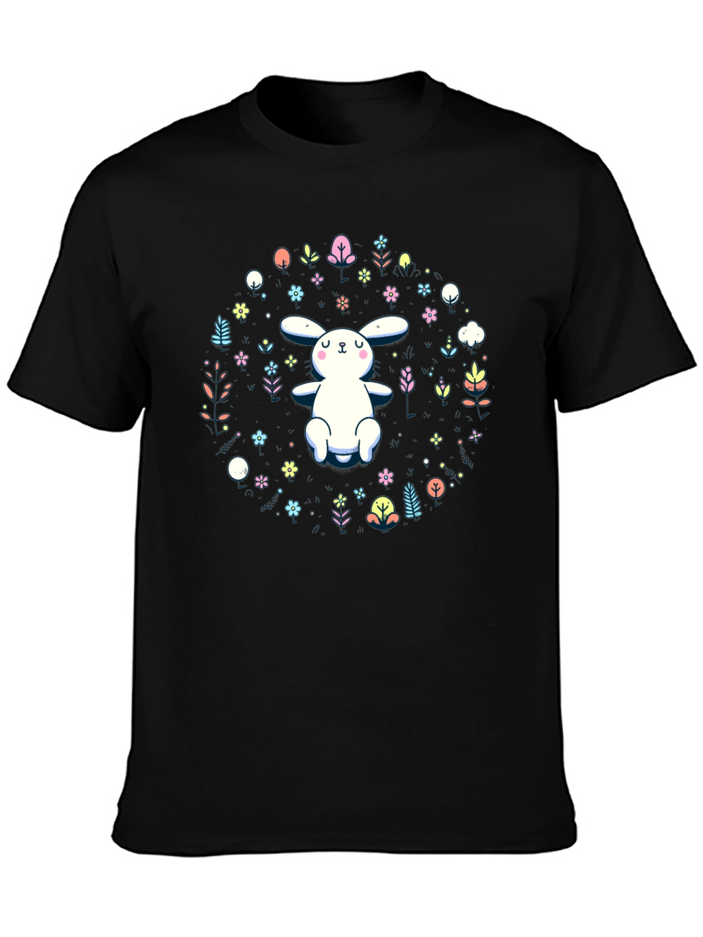Cute Bunny & Floral Print Black T-Shirt