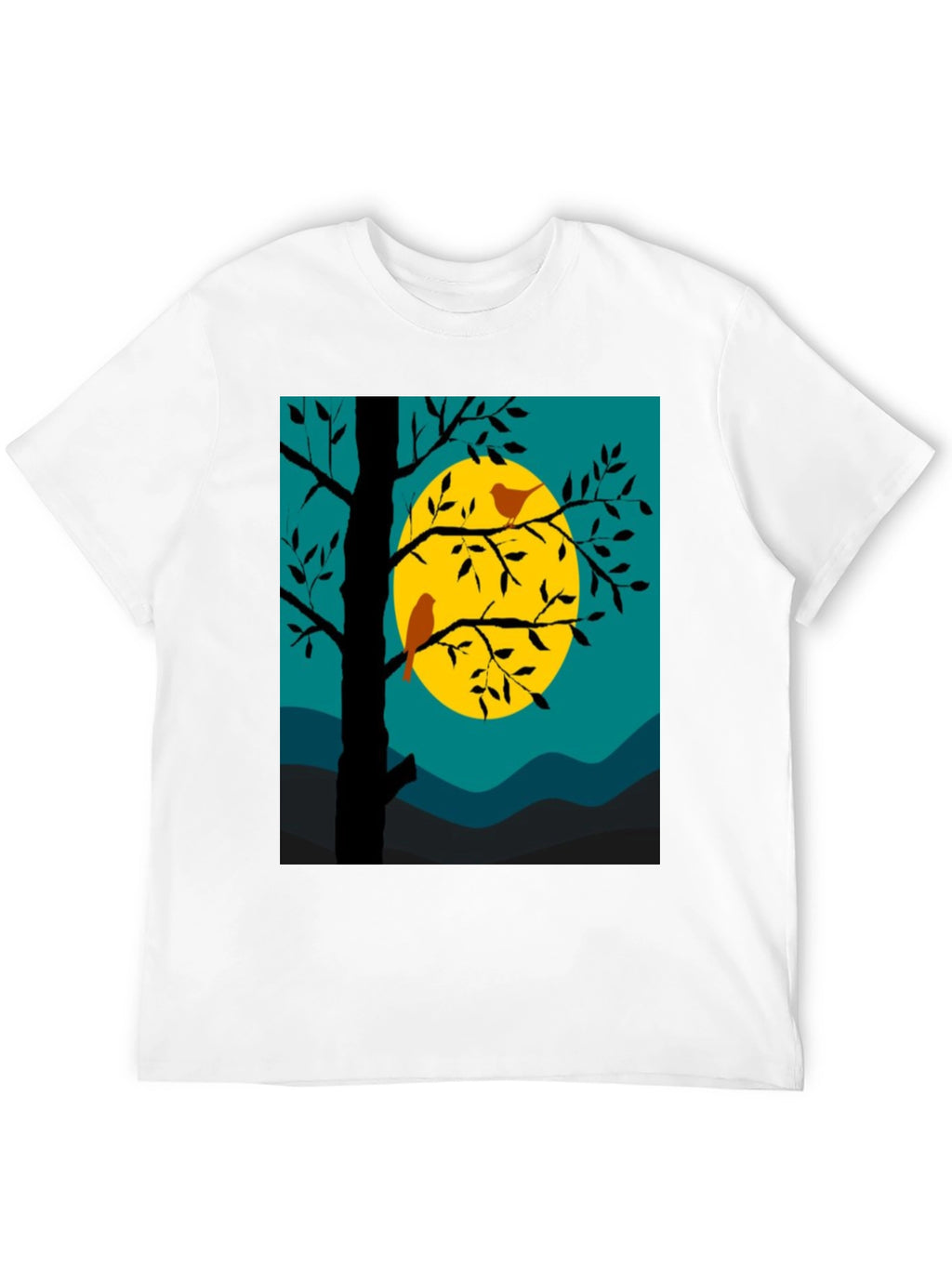 Nature Scene Graphic Tee - Birds Moon and Tree