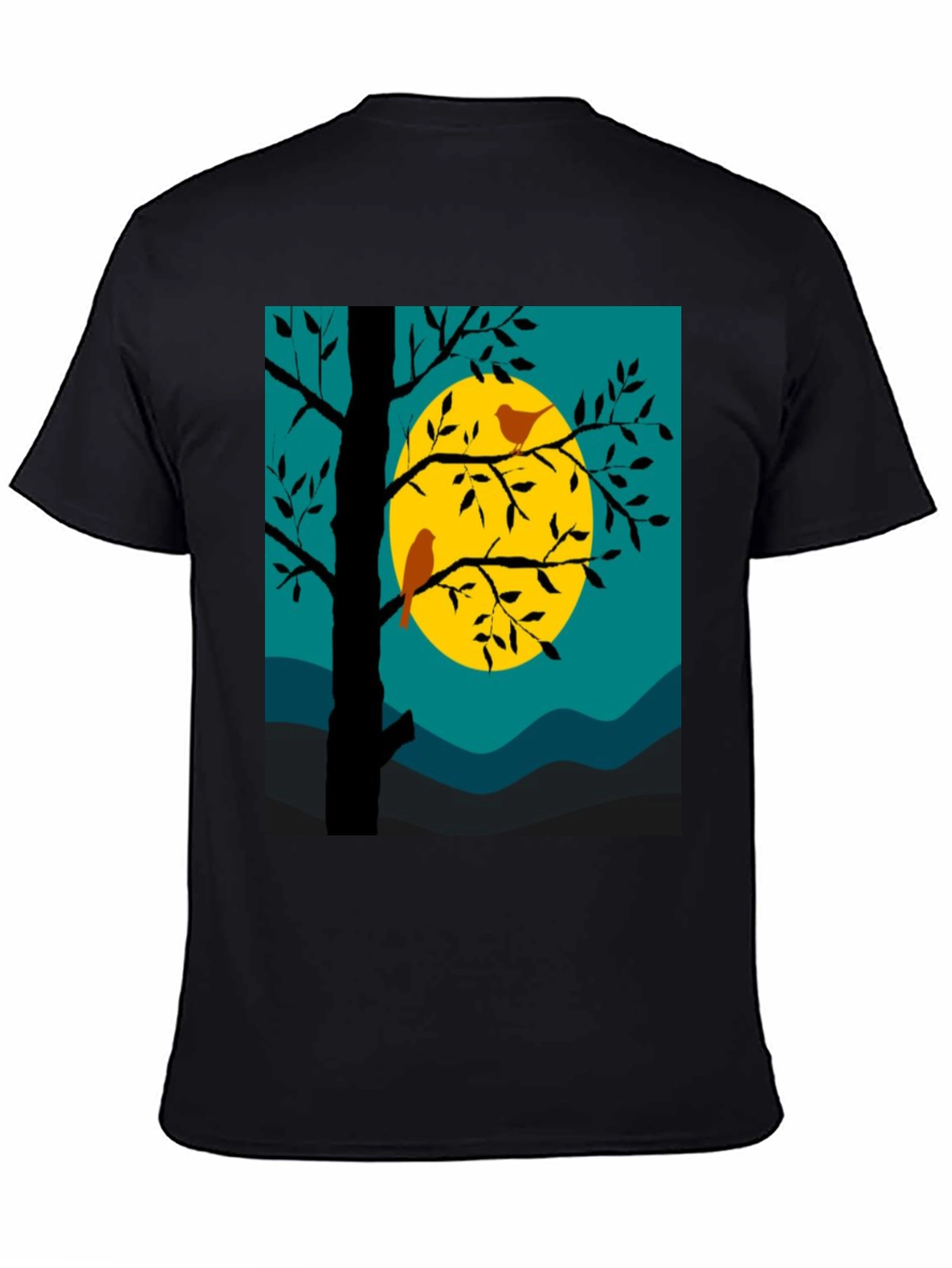 Nature Scene Graphic Tee - Birds Moon and Tree