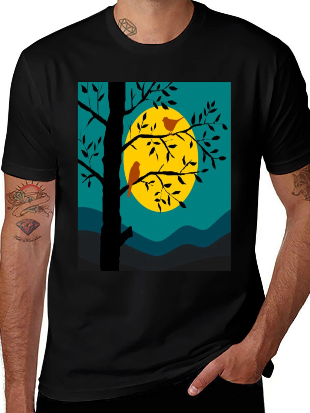 Nature Scene Graphic Tee - Birds Moon and Tree