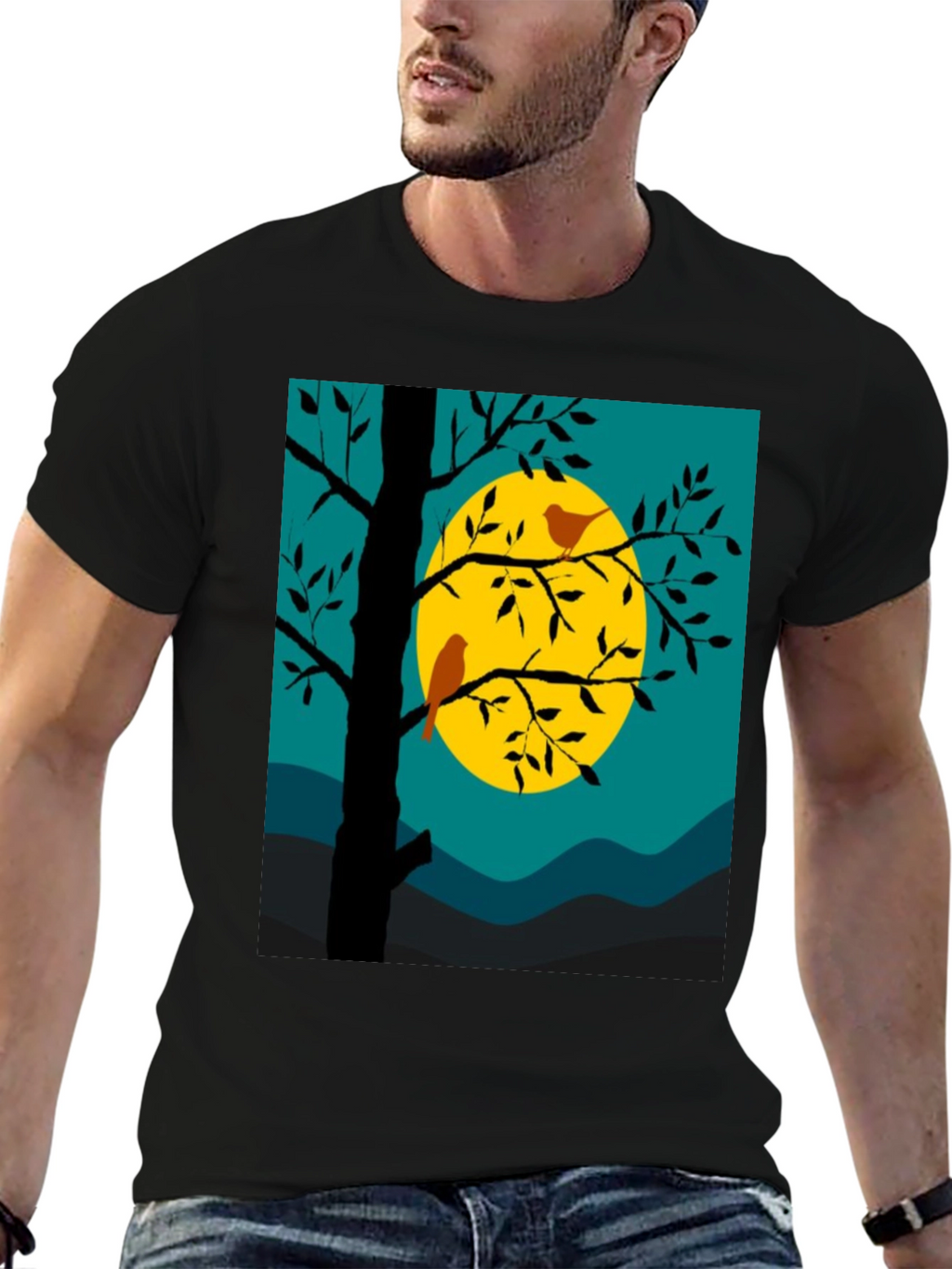 Nature Scene Graphic Tee - Birds Moon and Tree