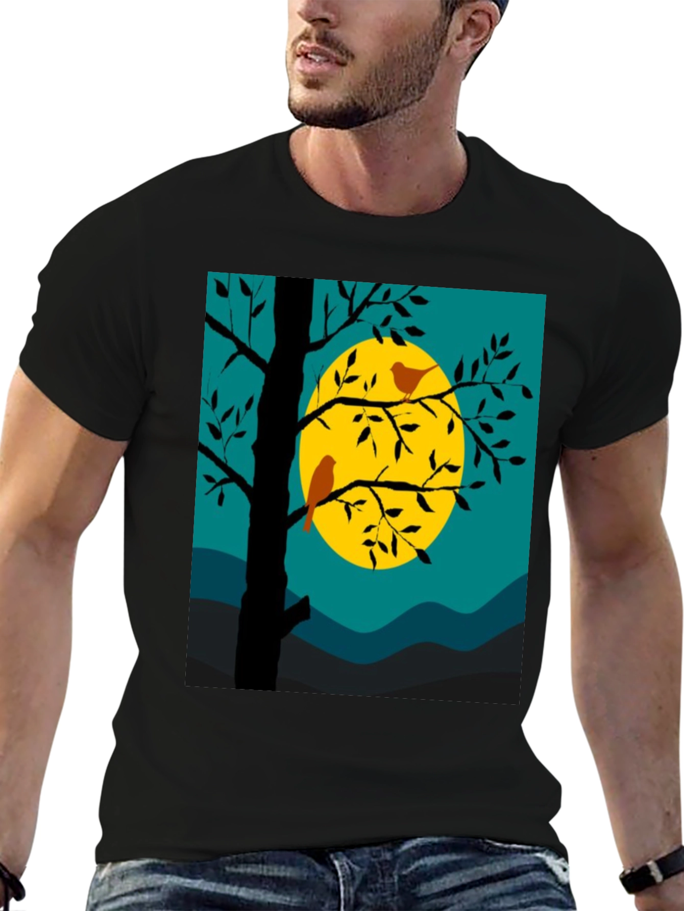 Nature Scene Graphic Tee - Birds Moon and Tree