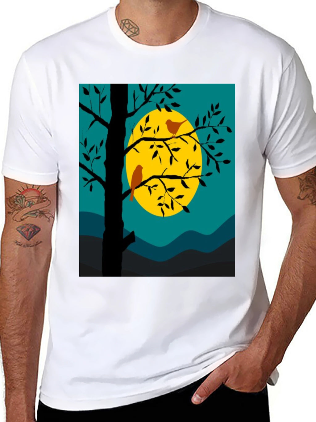 Nature Scene Graphic Tee - Birds Moon and Tree