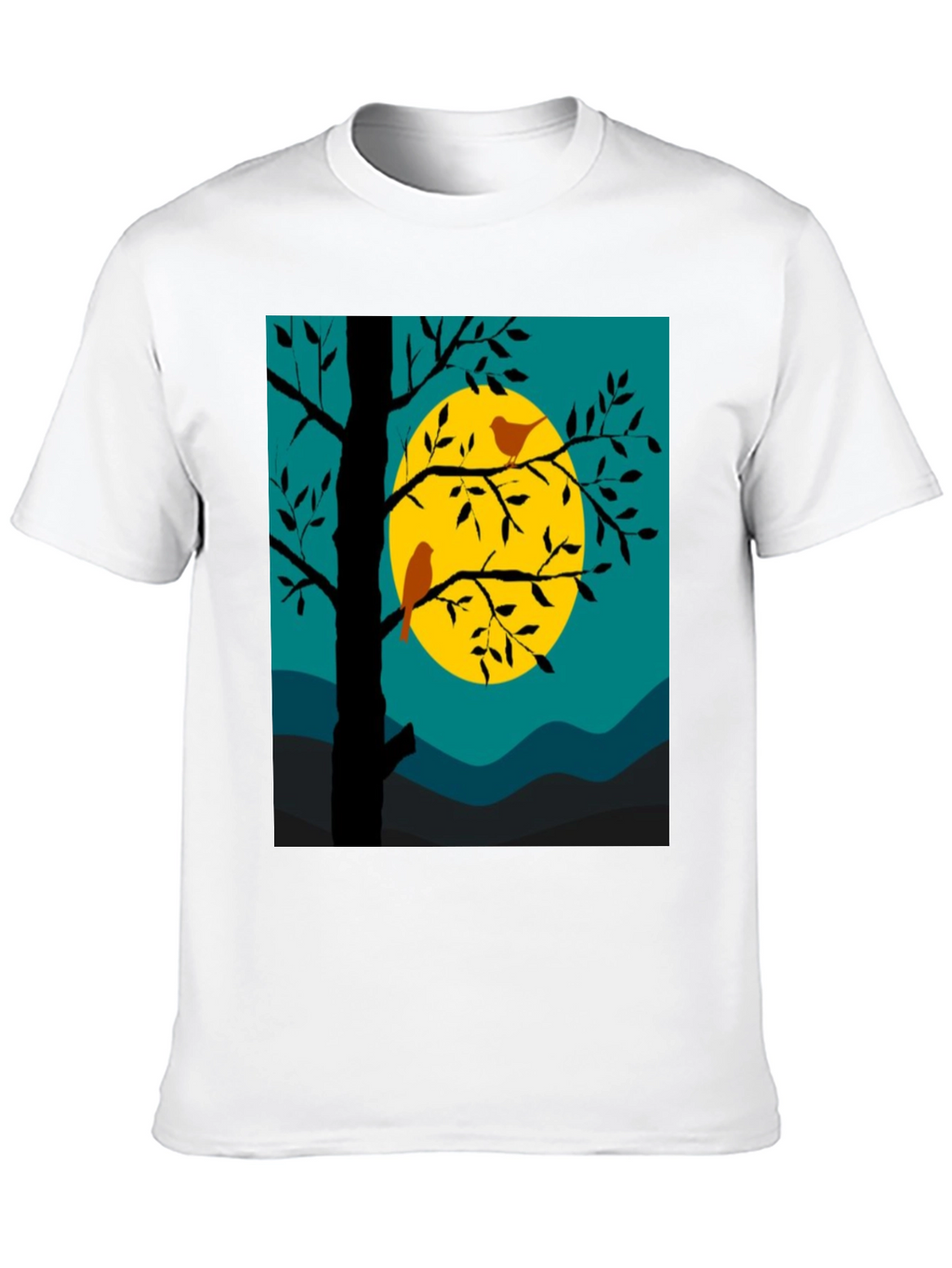 Nature Scene Graphic Tee - Birds Moon and Tree