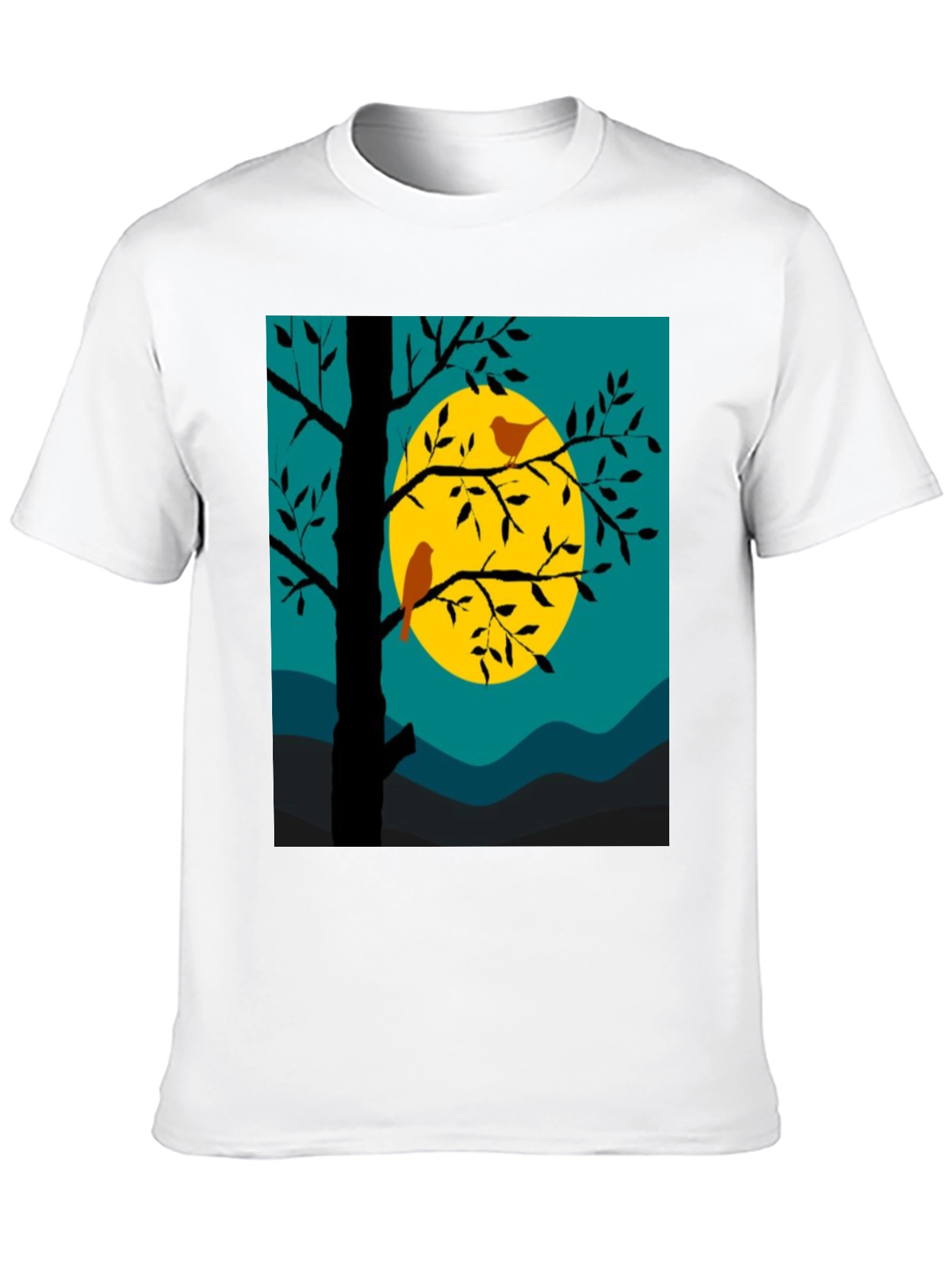 Nature Scene Graphic Tee - Birds Moon and Tree