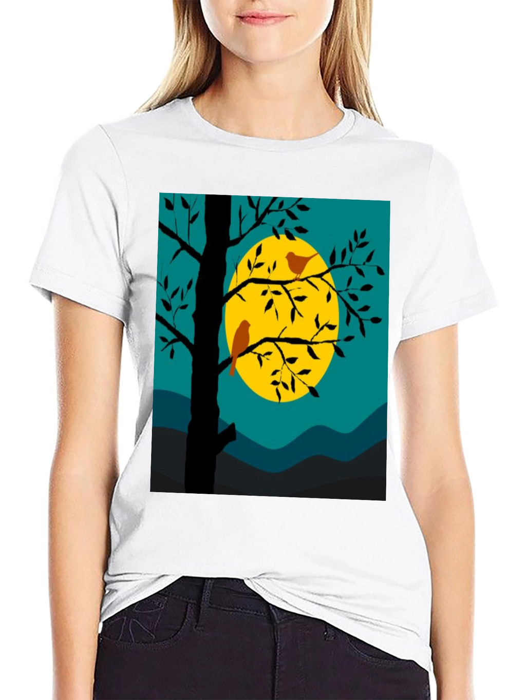 Nature Scene Graphic Tee - Birds Moon and Tree