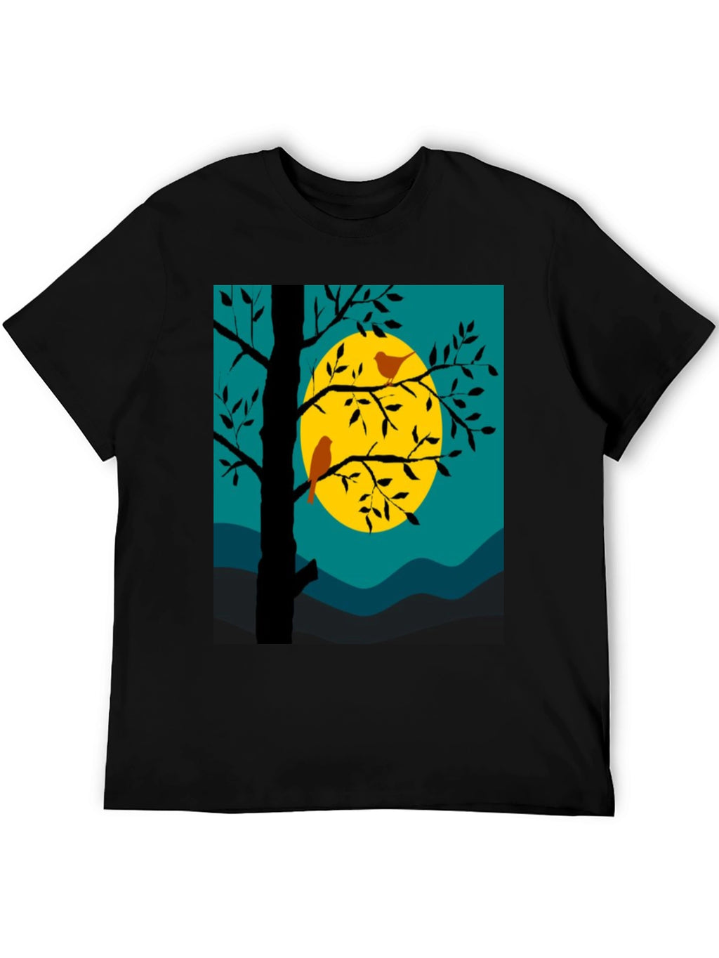 Nature Scene Graphic Tee - Birds Moon and Tree