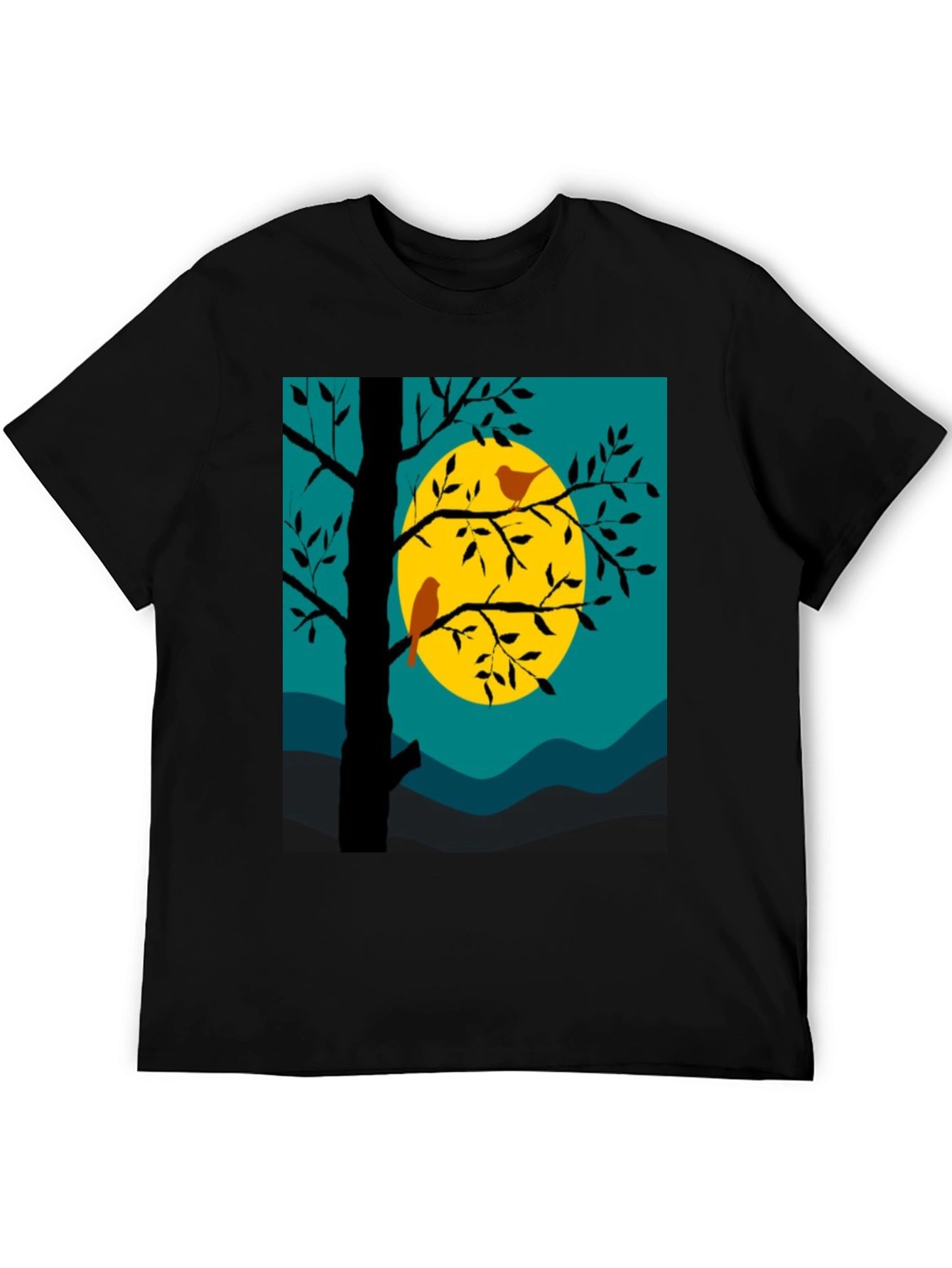 Nature Scene Graphic Tee - Birds Moon and Tree