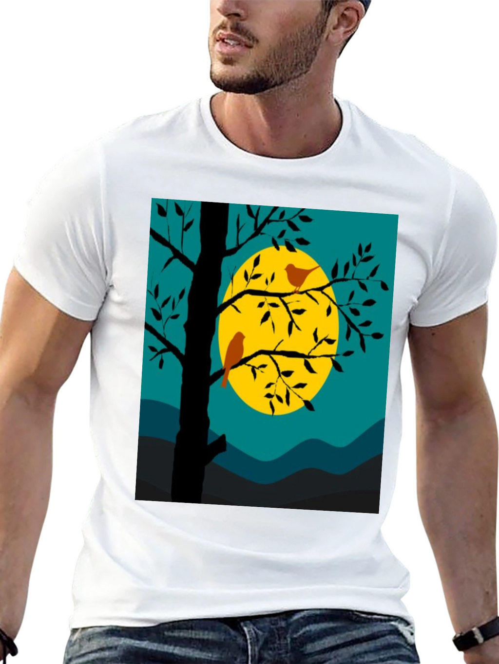 Nature Scene Graphic Tee - Birds Moon and Tree