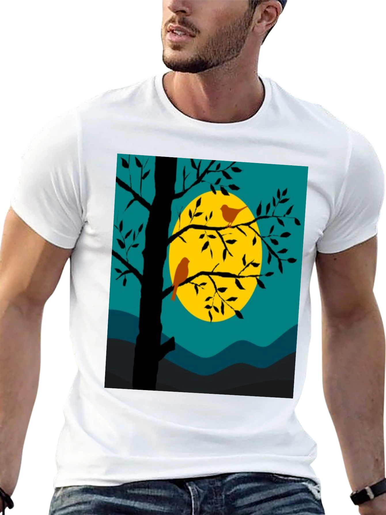 Nature Scene Graphic Tee - Birds Moon and Tree
