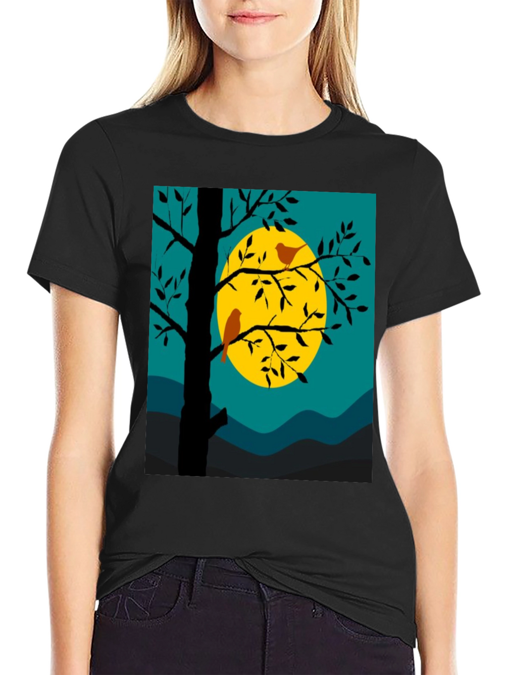 Nature Scene Graphic Tee - Birds Moon and Tree