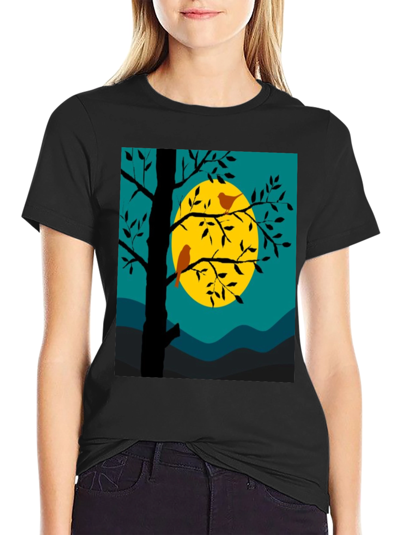 Nature Scene Graphic Tee - Birds Moon and Tree