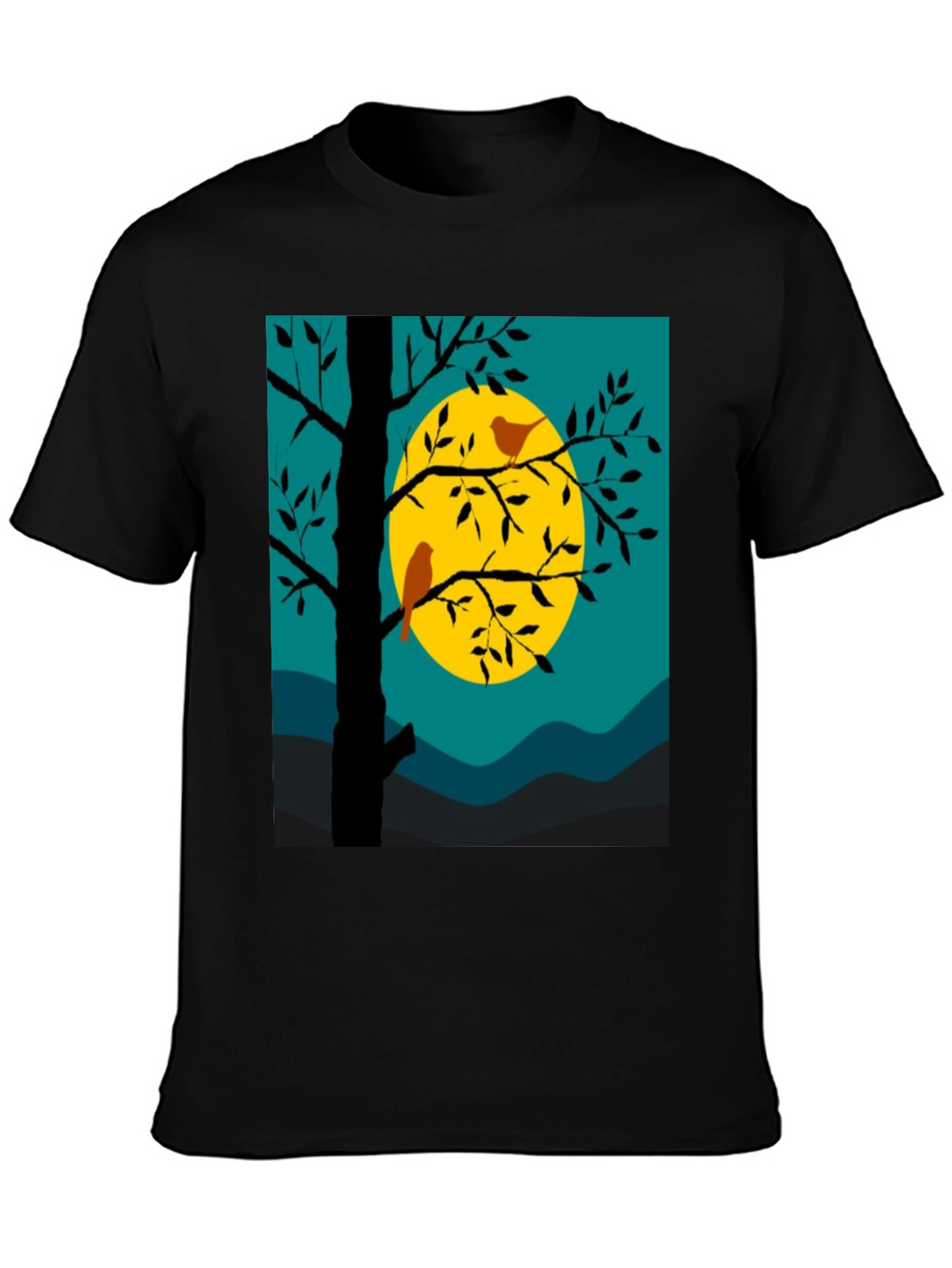 Nature Scene Graphic Tee - Birds Moon and Tree