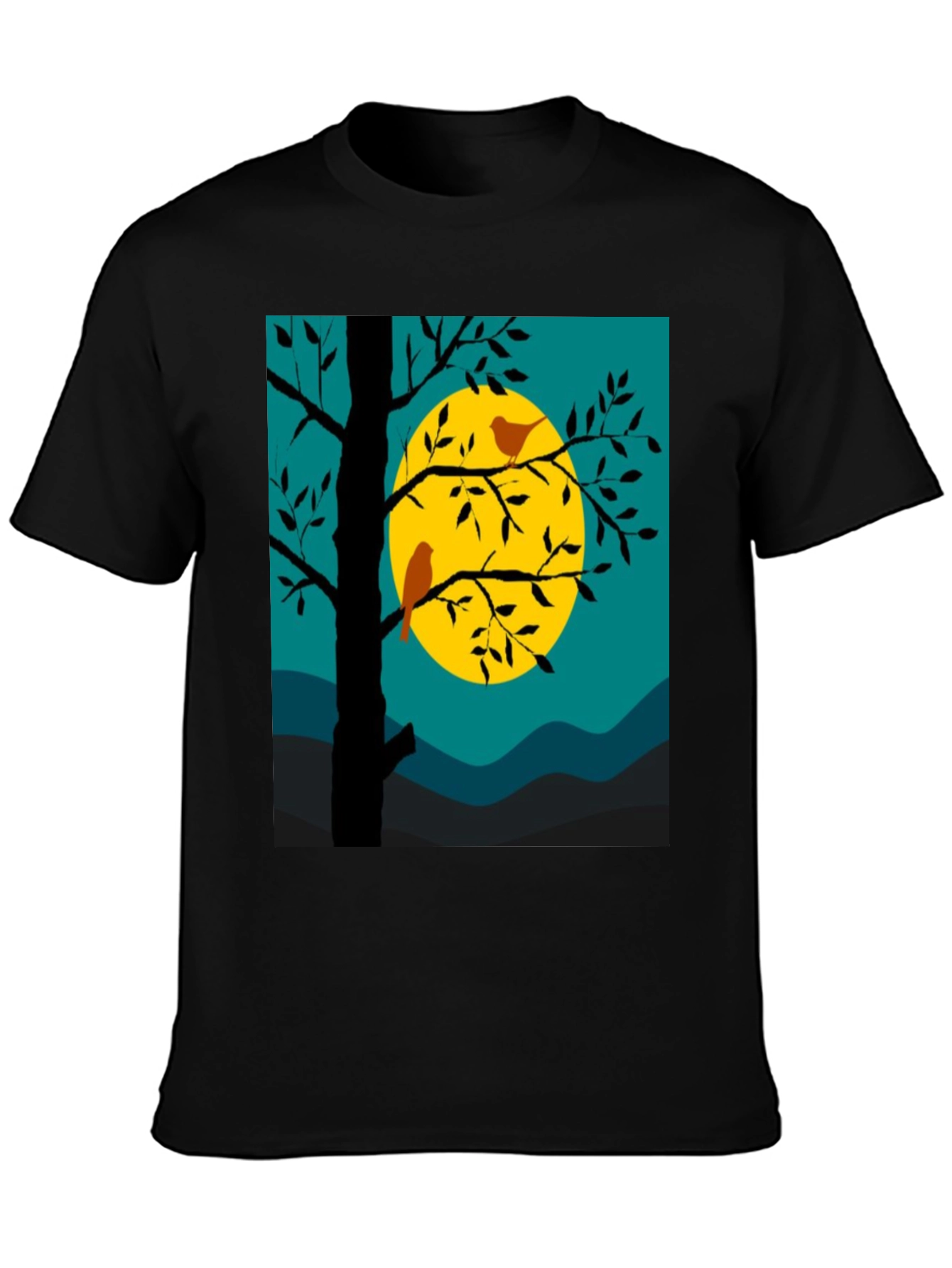 Nature Scene Graphic Tee - Birds Moon and Tree