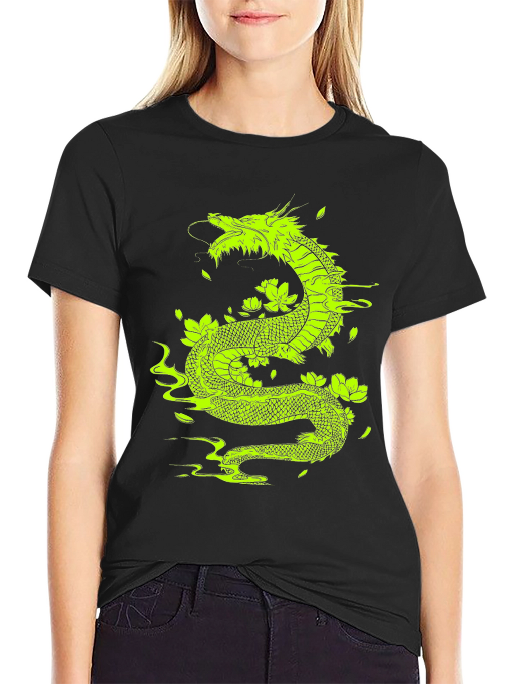 Dragon & Lotus Graphic Tee - Bold Black T-Shirt