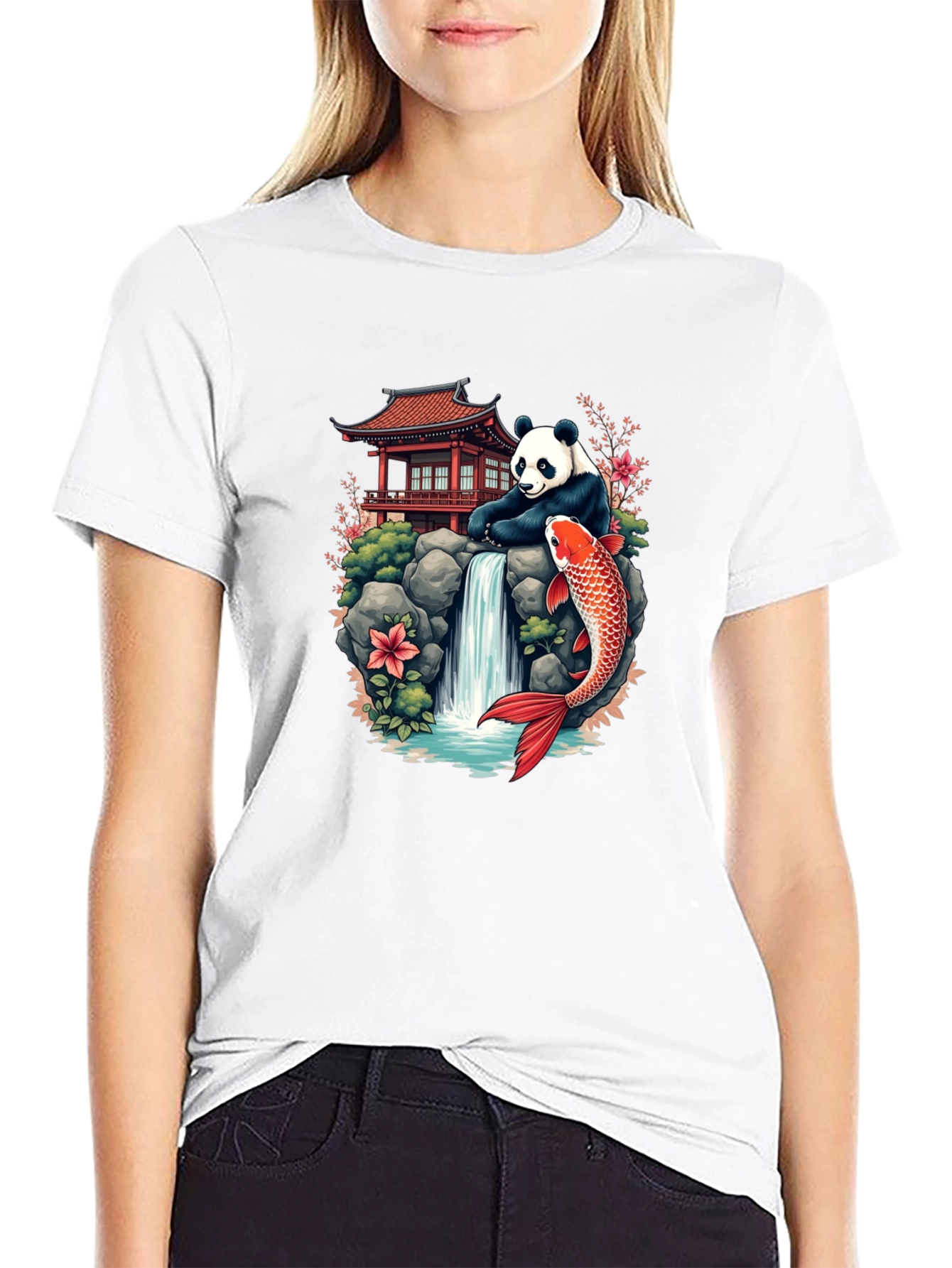 Panda Koi Fish Waterfall Graphic Tee