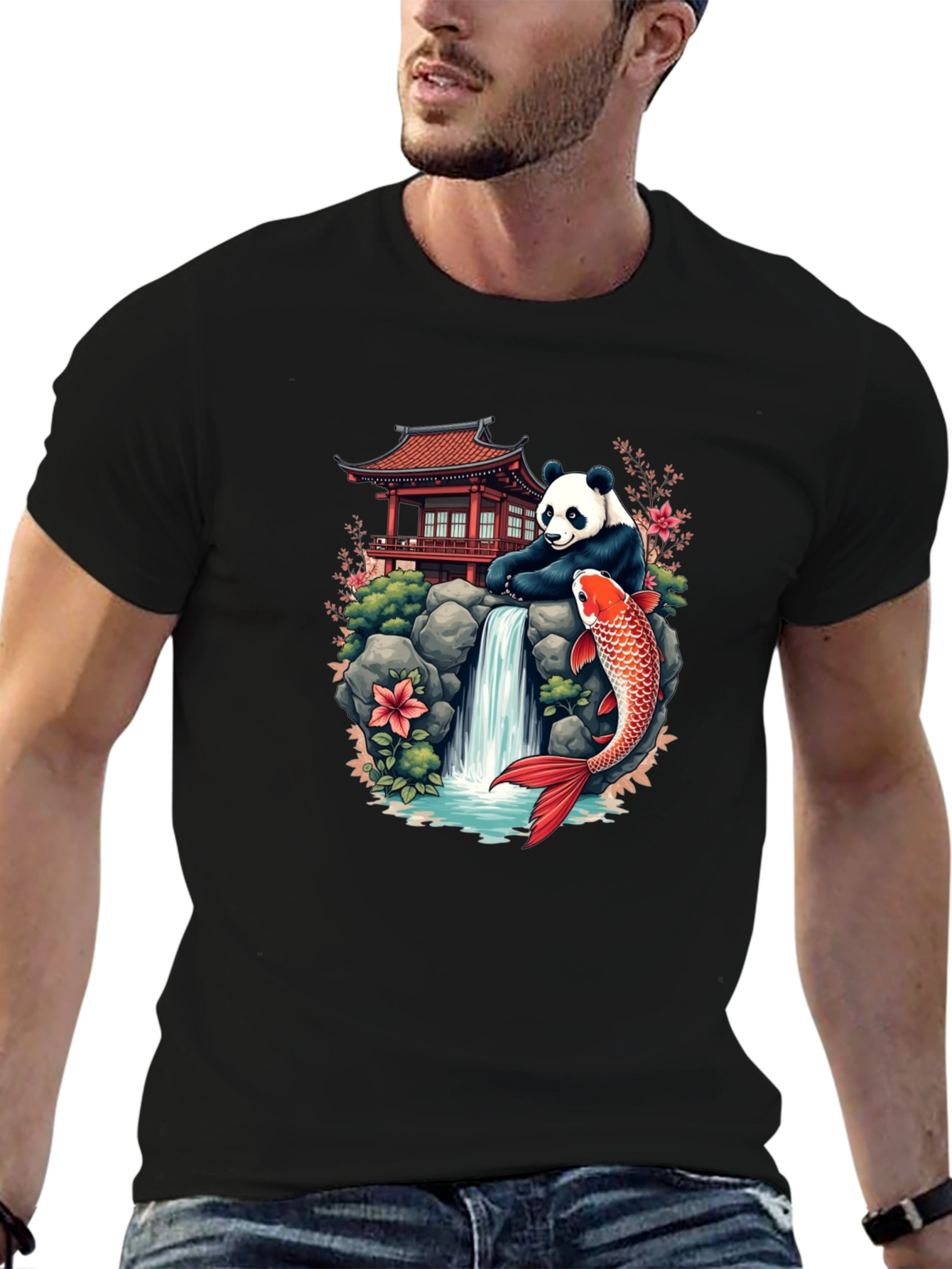 Panda Koi Fish Waterfall Graphic Tee