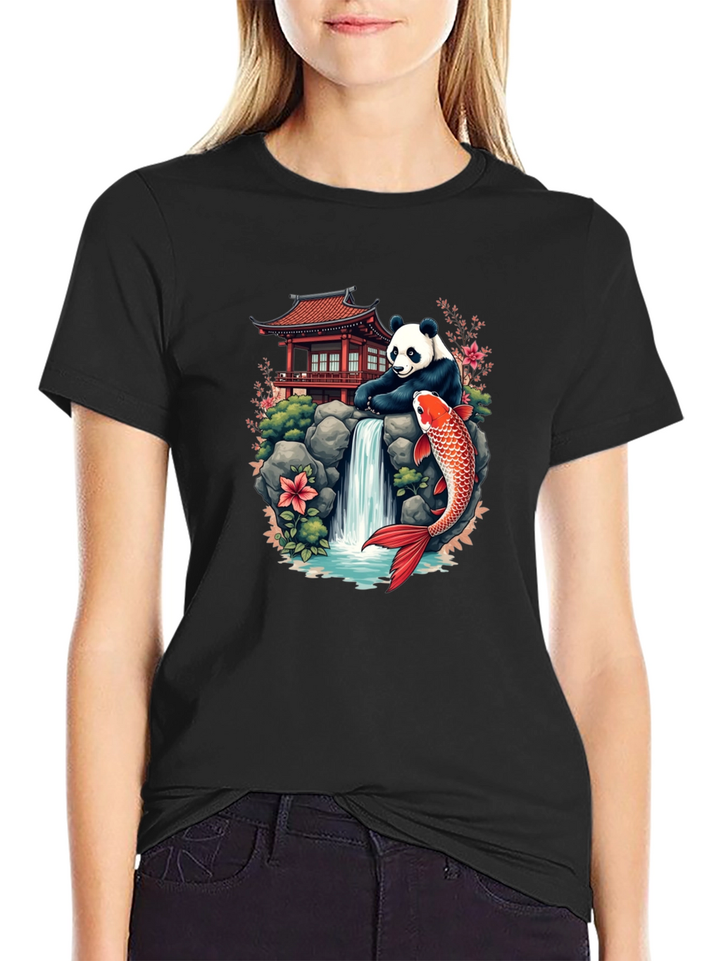 Panda Koi Fish Waterfall Graphic Tee