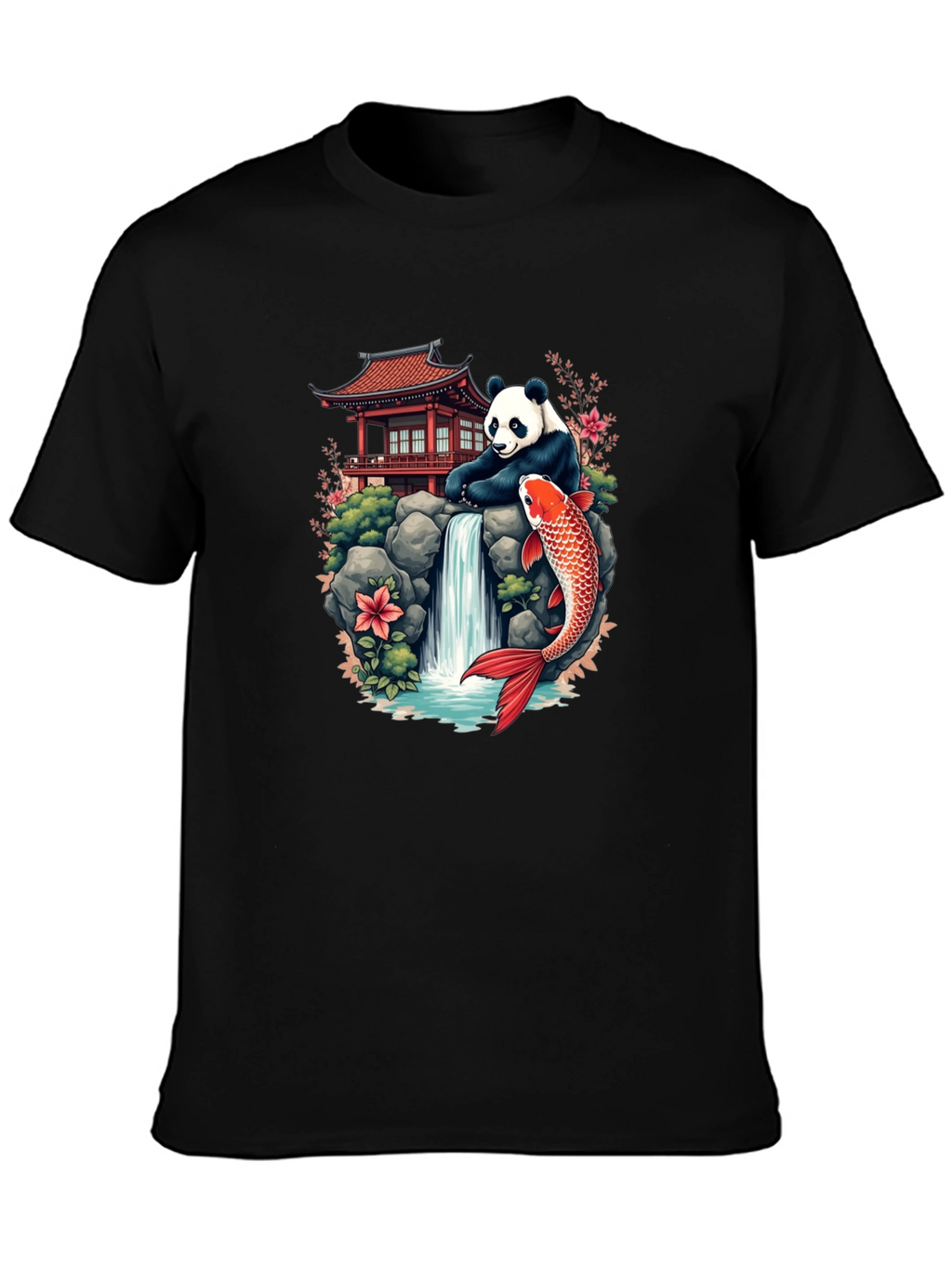 Panda Koi Fish Waterfall Graphic Tee