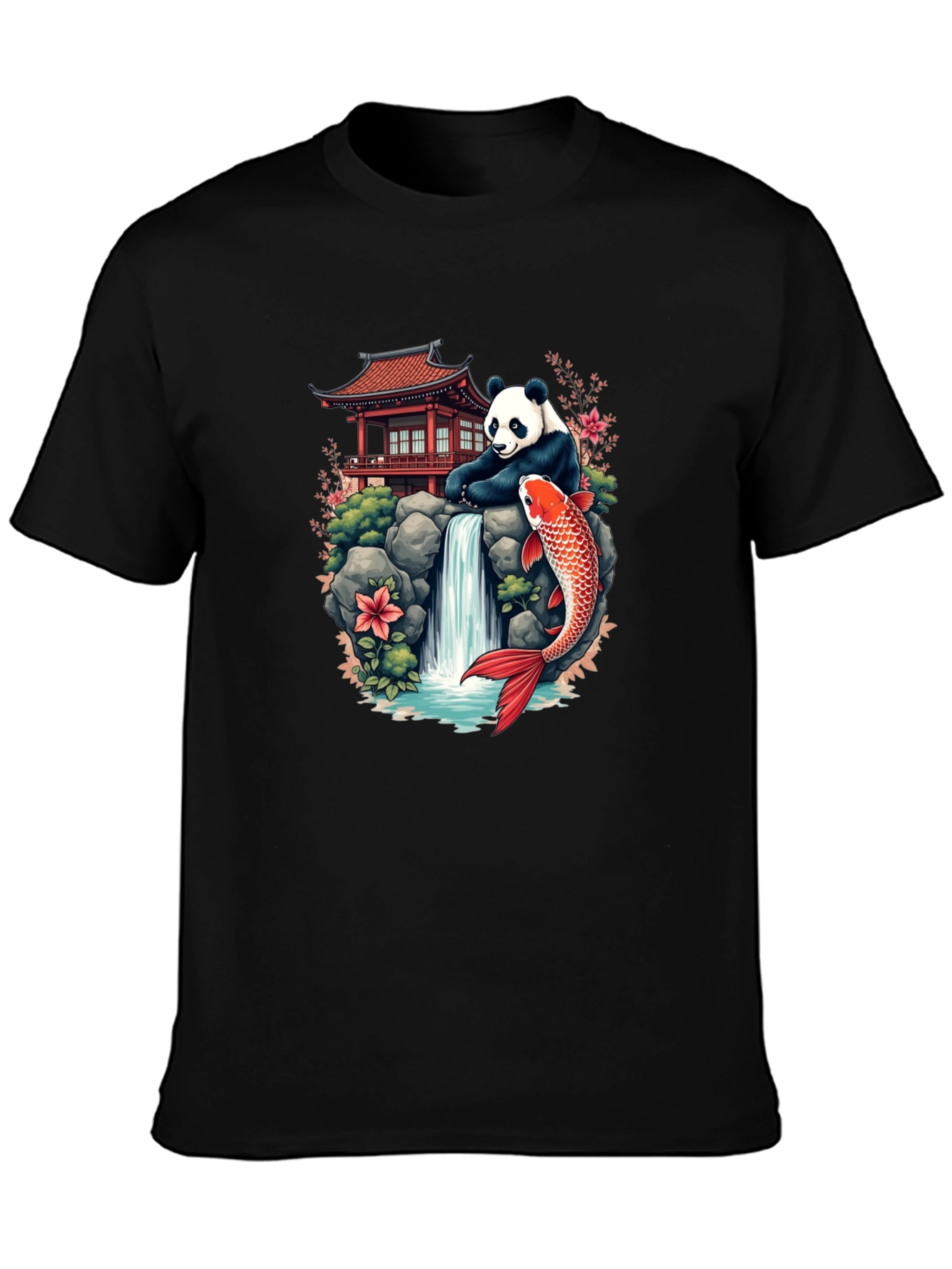 Panda Koi Fish Waterfall Graphic Tee